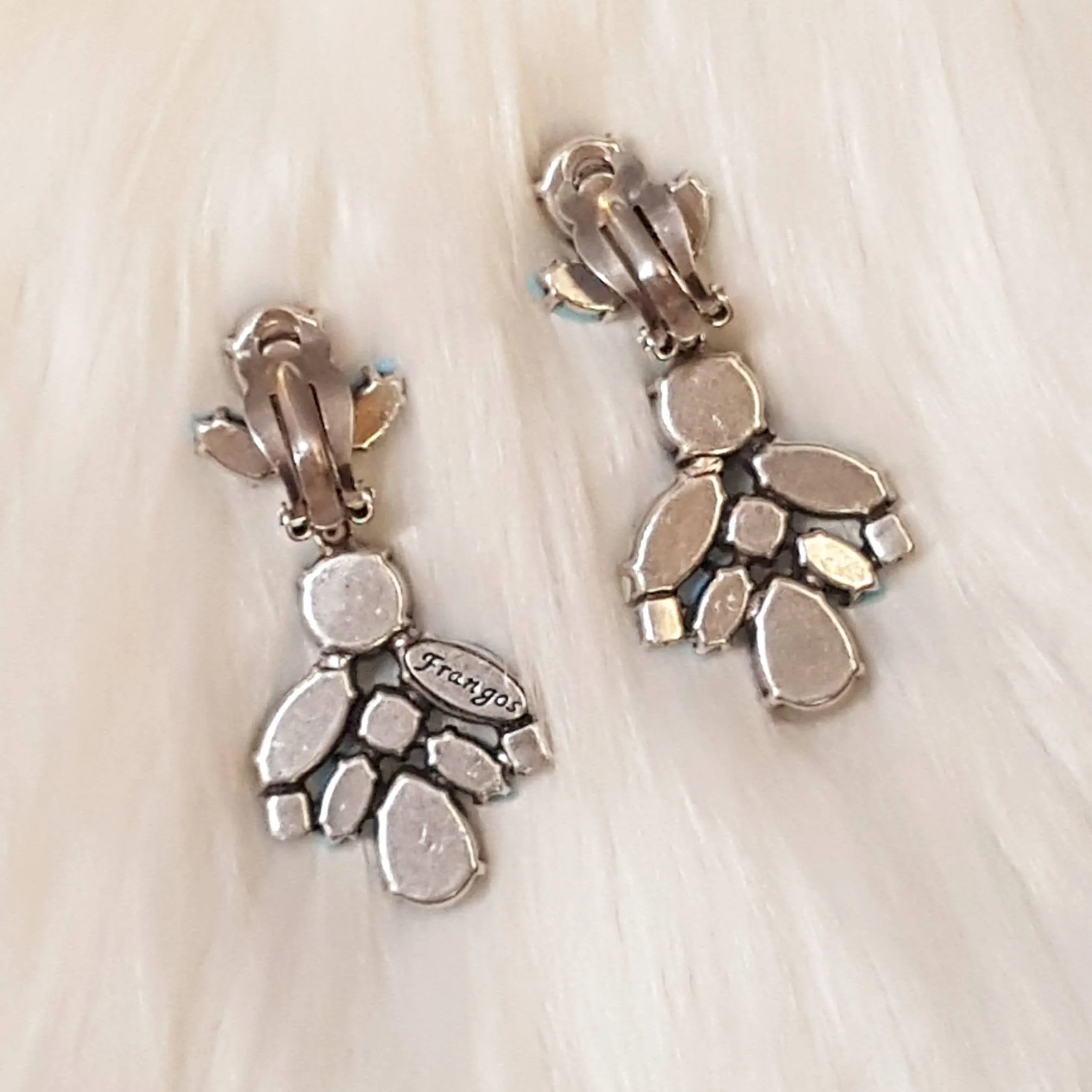 Blue Crystal Earrings Clip On Chandelier By Frangos Silver