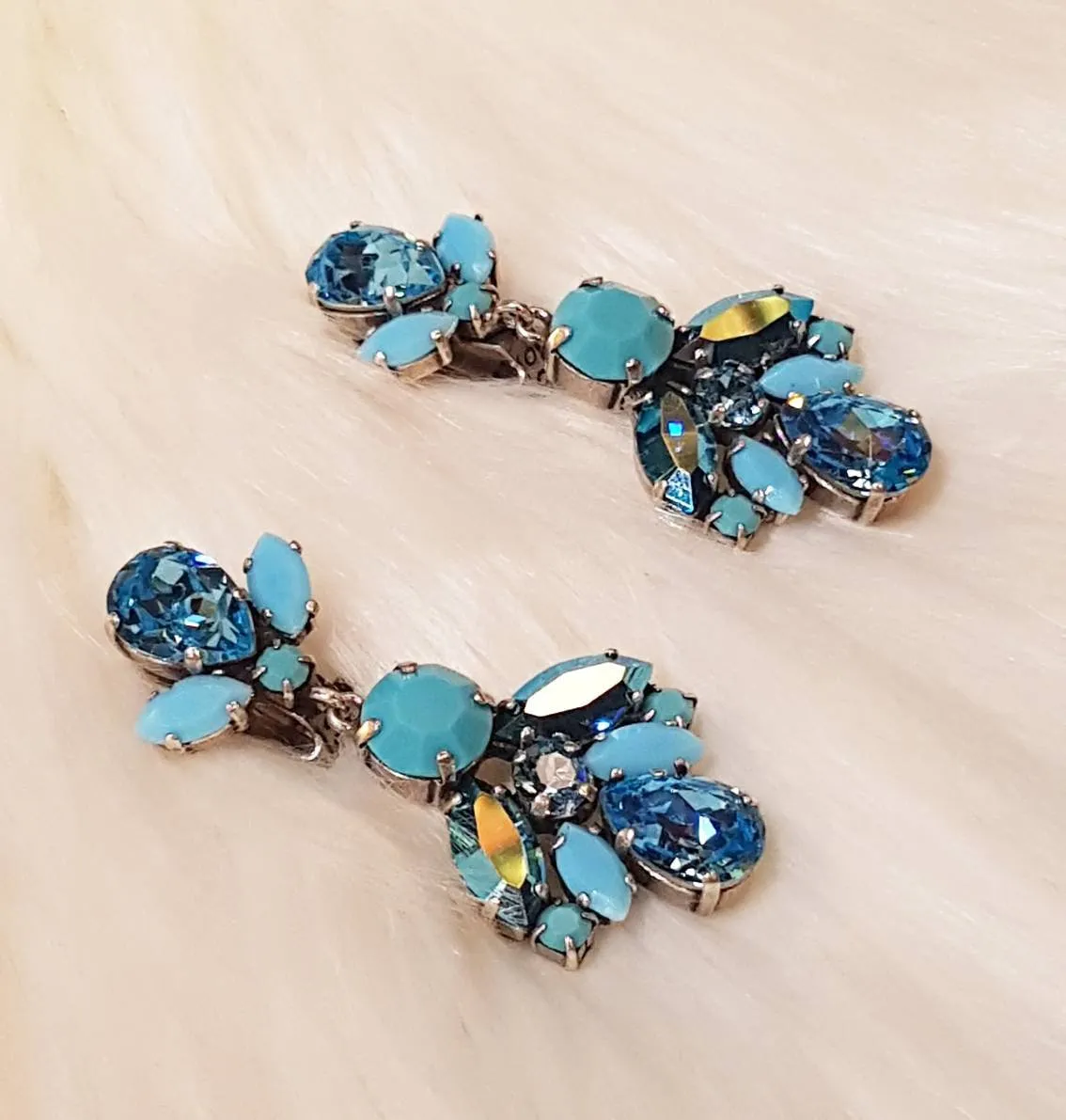 Blue Crystal Earrings Clip On Chandelier By Frangos Silver