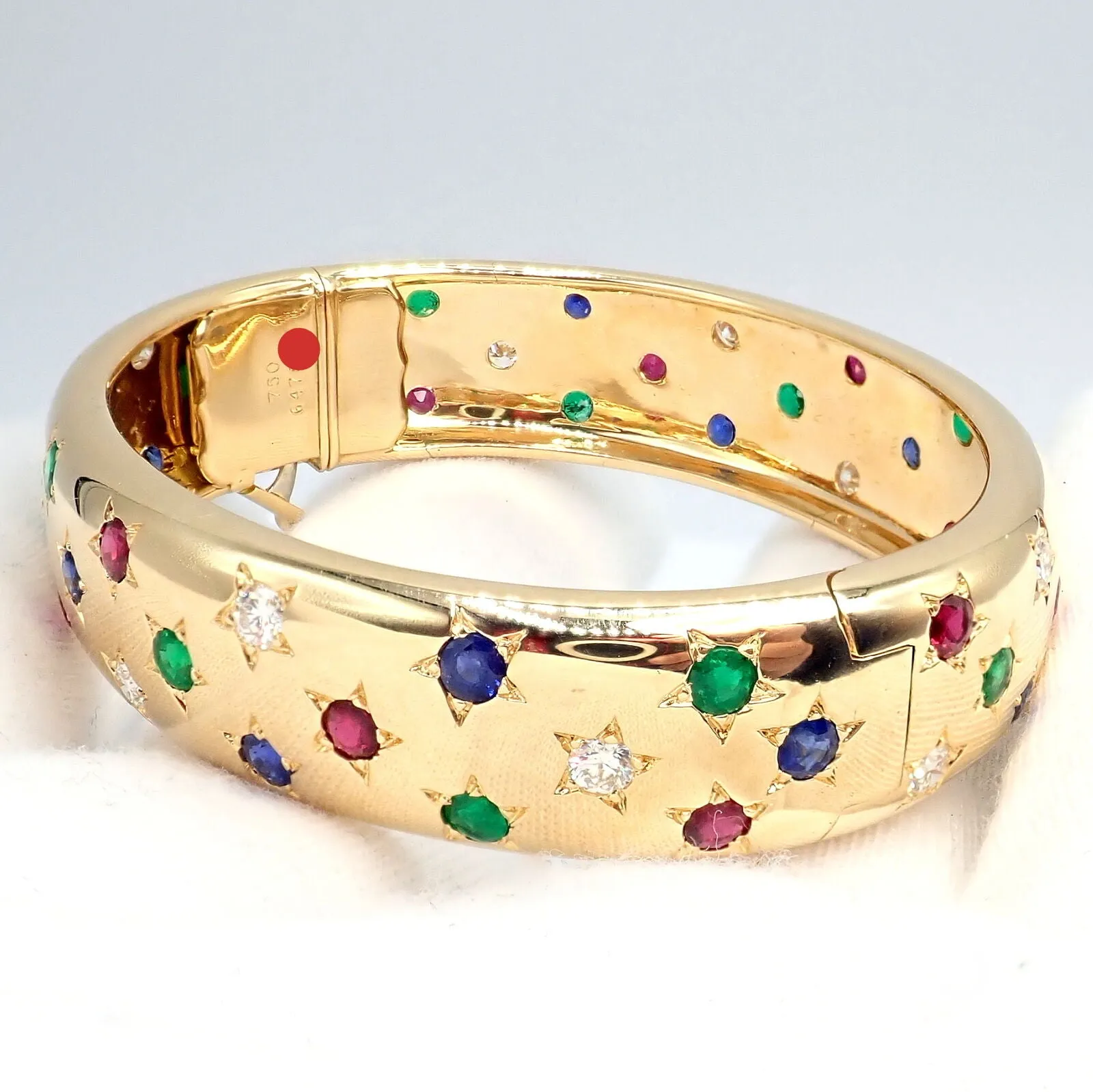 Cartier Star 18k Yellow Gold Diamond Ruby Emerald Sapphire Bangle Bracelet Cert.