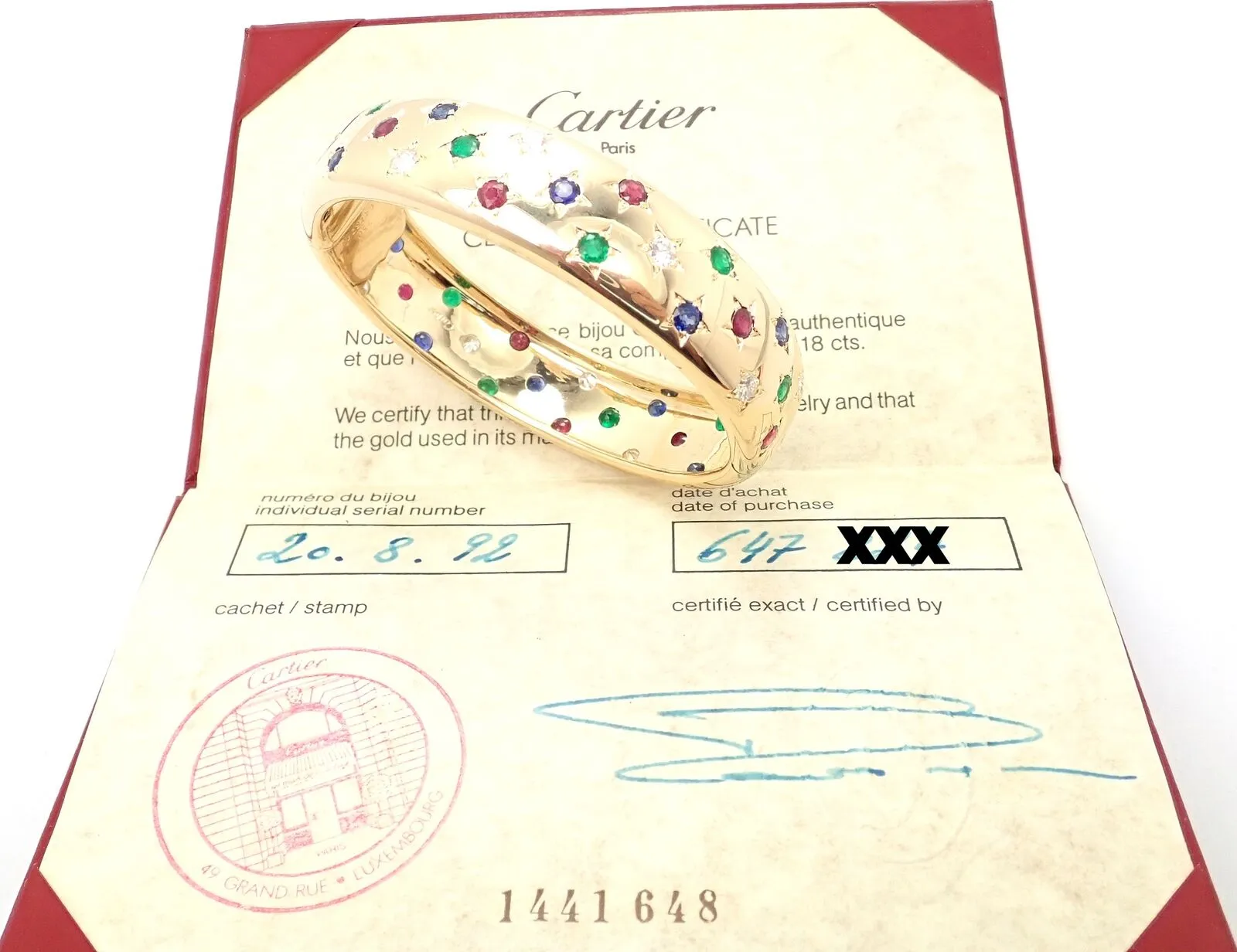 Cartier Star 18k Yellow Gold Diamond Ruby Emerald Sapphire Bangle Bracelet Cert.