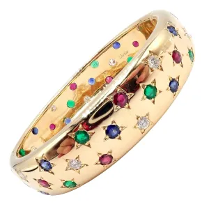 Cartier Star 18k Yellow Gold Diamond Ruby Emerald Sapphire Bangle Bracelet Cert.