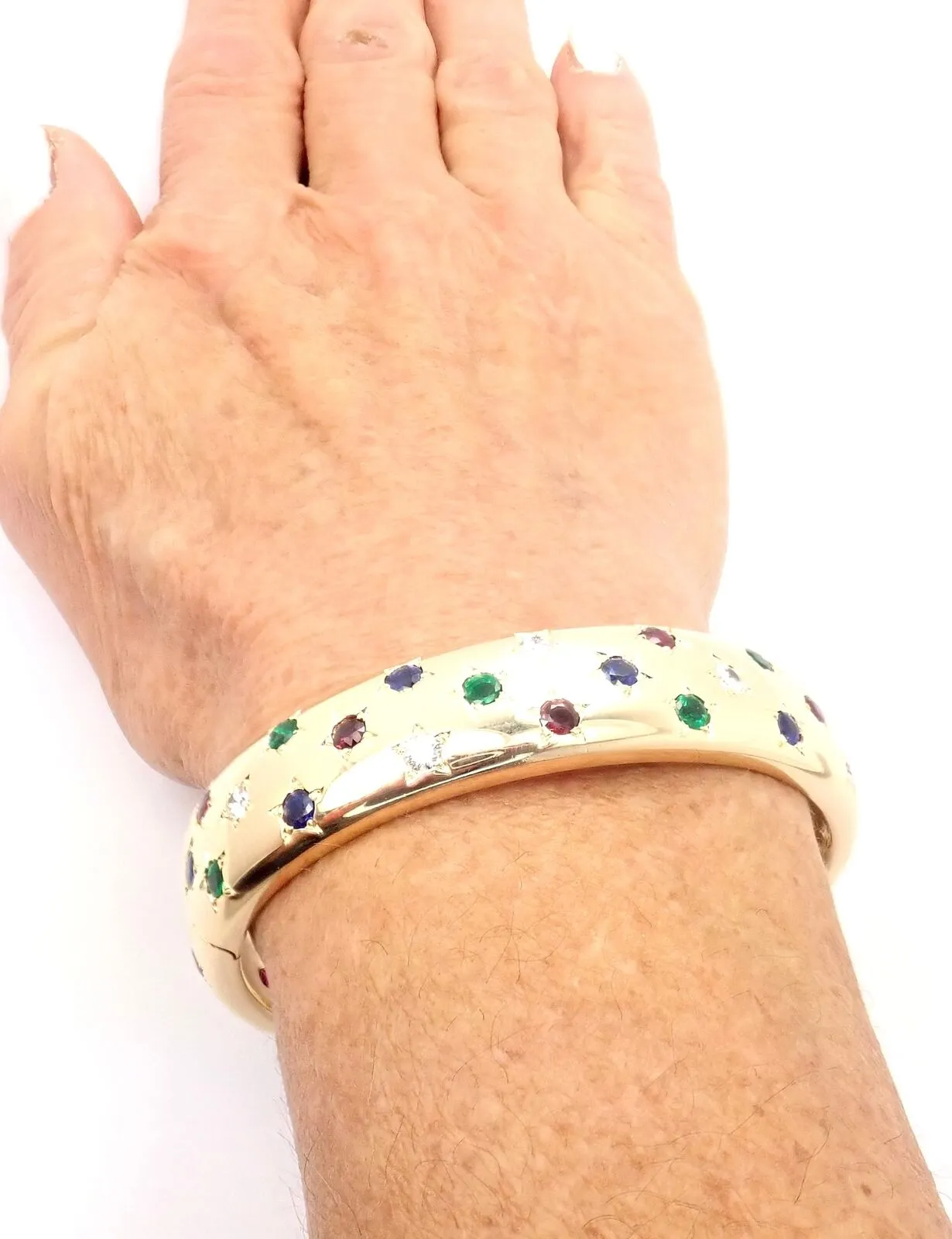 Cartier Star 18k Yellow Gold Diamond Ruby Emerald Sapphire Bangle Bracelet Cert.