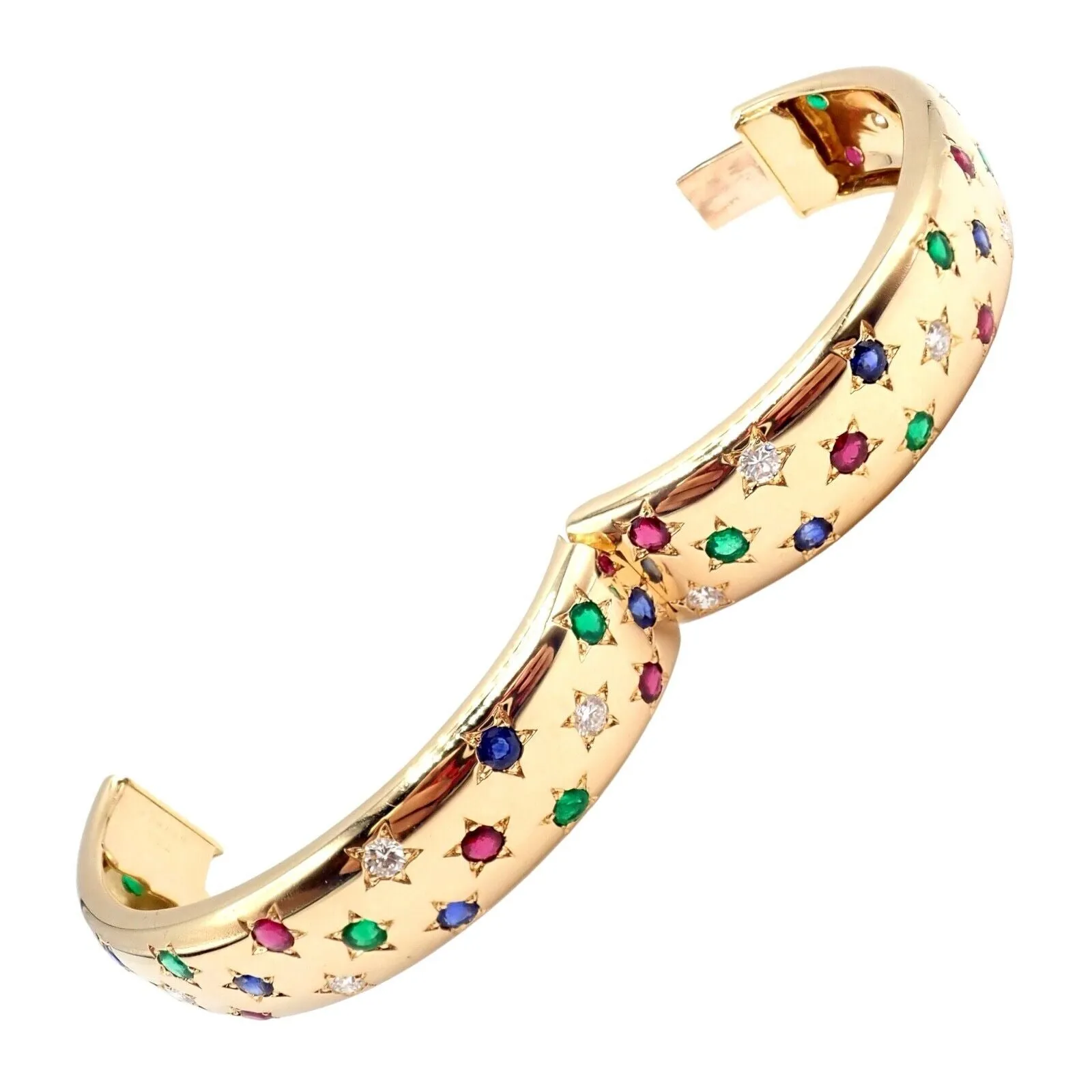 Cartier Star 18k Yellow Gold Diamond Ruby Emerald Sapphire Bangle Bracelet Cert.