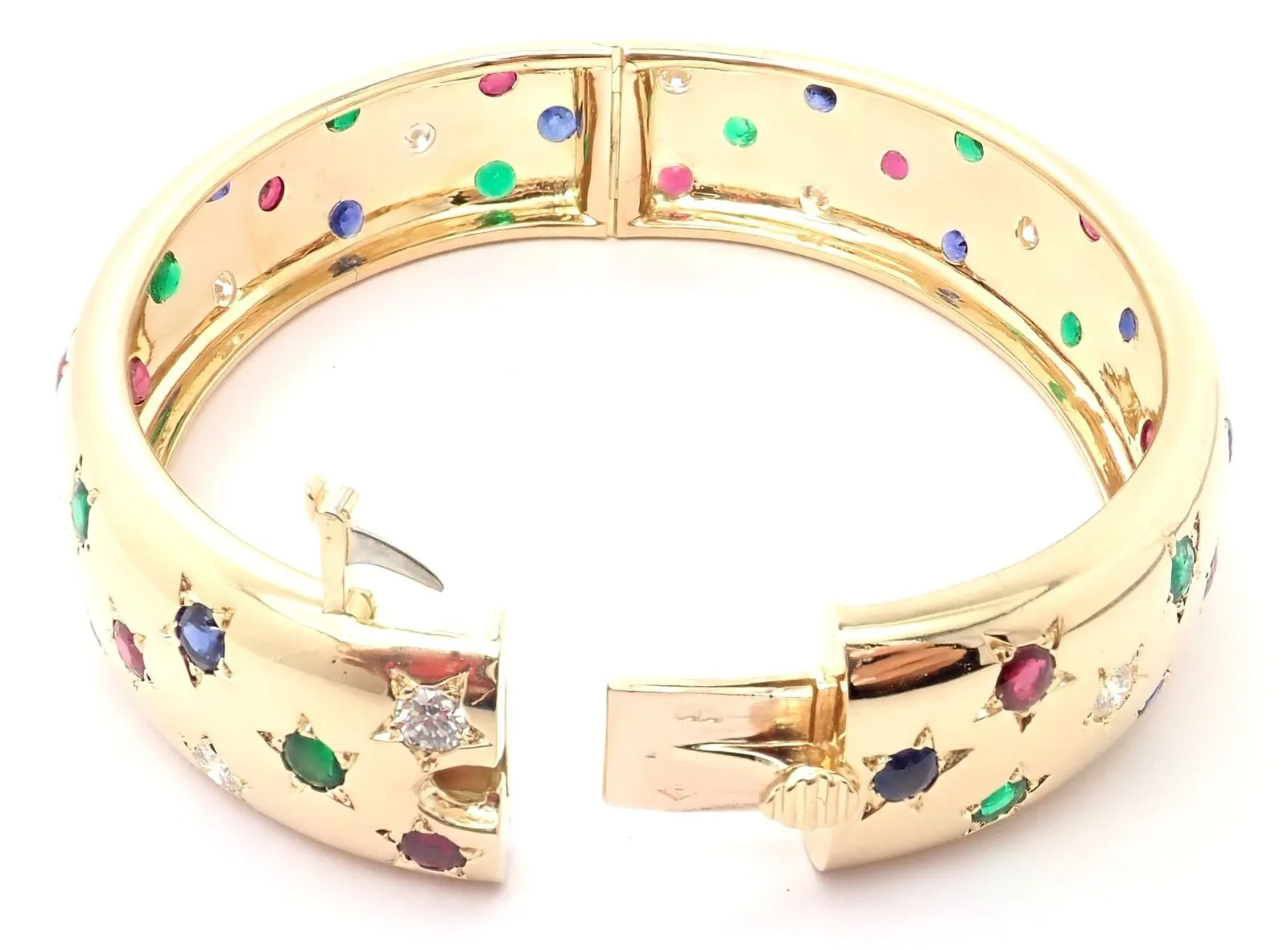 Cartier Star 18k Yellow Gold Diamond Ruby Emerald Sapphire Bangle Bracelet Cert.