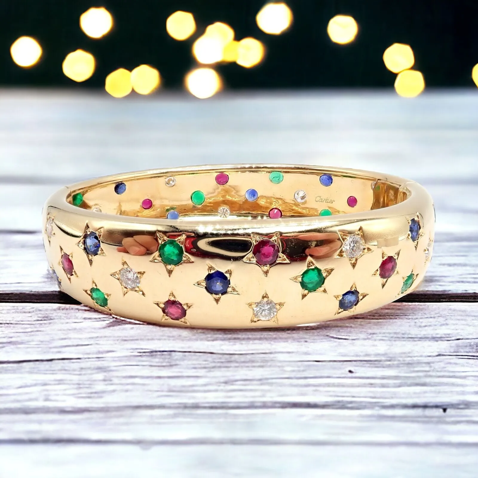 Cartier Star 18k Yellow Gold Diamond Ruby Emerald Sapphire Bangle Bracelet Cert.