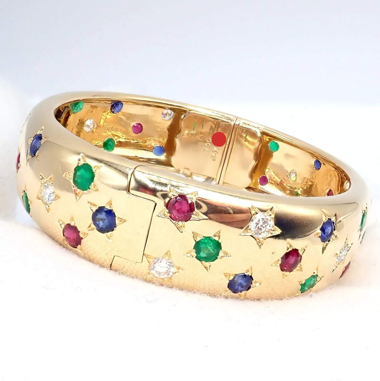 Cartier Star 18k Yellow Gold Diamond Ruby Emerald Sapphire Bangle Bracelet Cert.