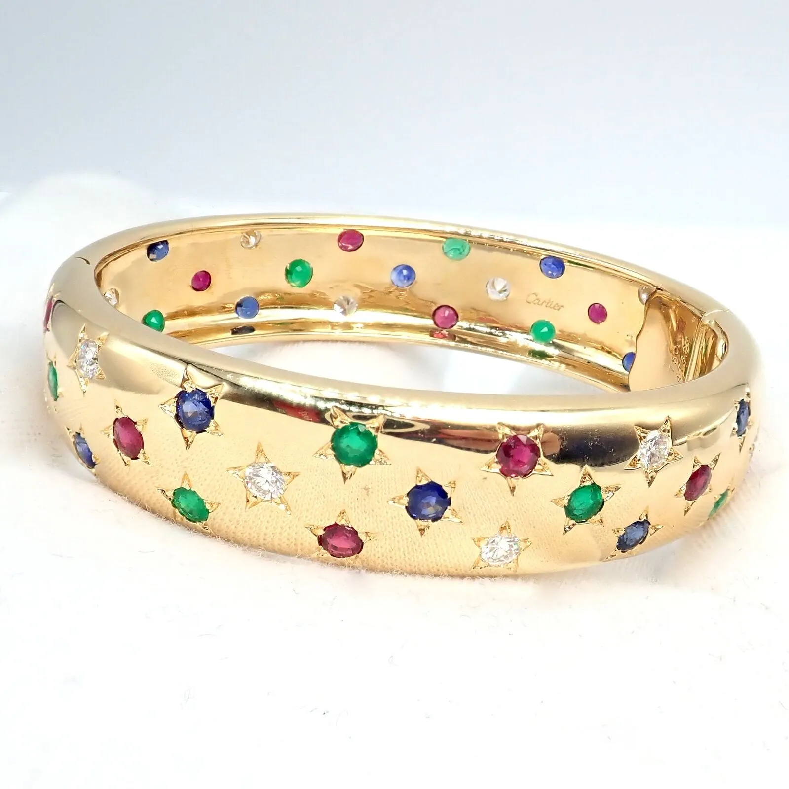 Cartier Star 18k Yellow Gold Diamond Ruby Emerald Sapphire Bangle Bracelet Cert.