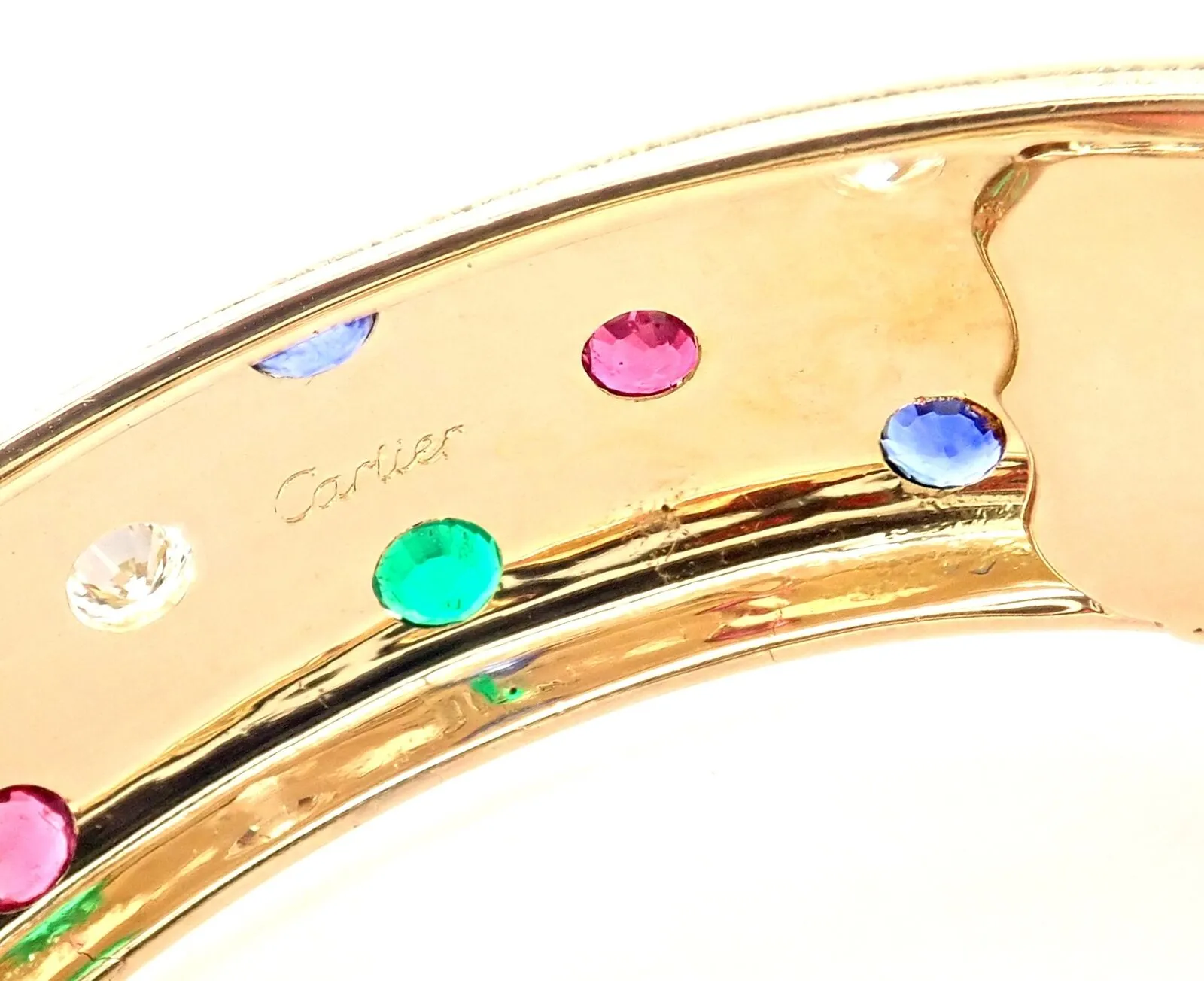 Cartier Star 18k Yellow Gold Diamond Ruby Emerald Sapphire Bangle Bracelet Cert.