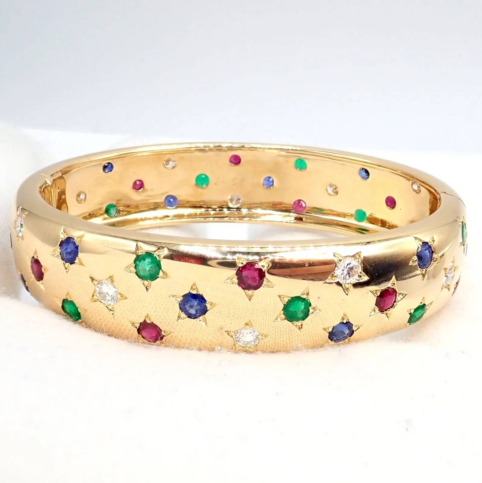 Cartier Star 18k Yellow Gold Diamond Ruby Emerald Sapphire Bangle Bracelet Cert.