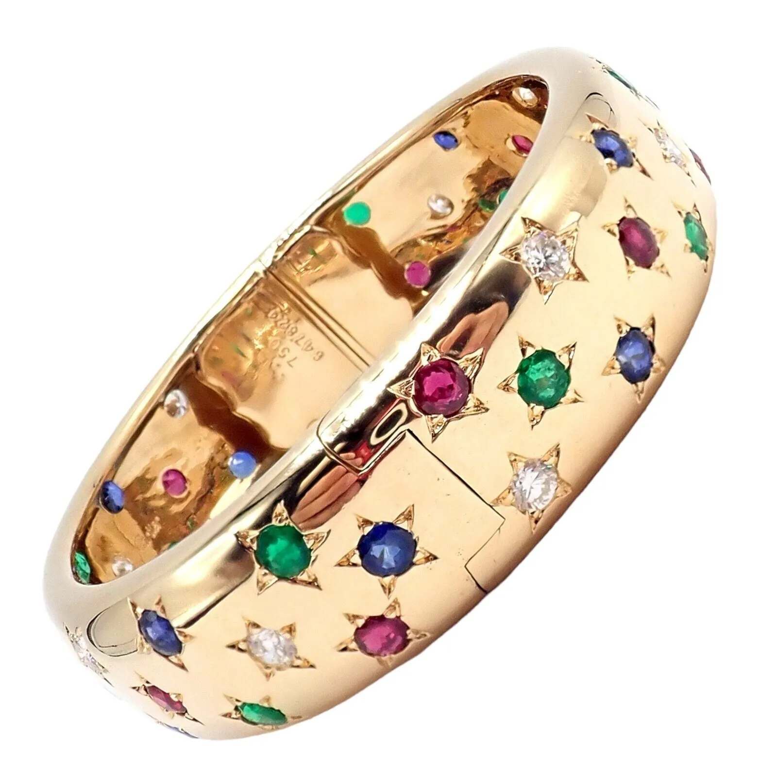 Cartier Star 18k Yellow Gold Diamond Ruby Emerald Sapphire Bangle Bracelet Cert.