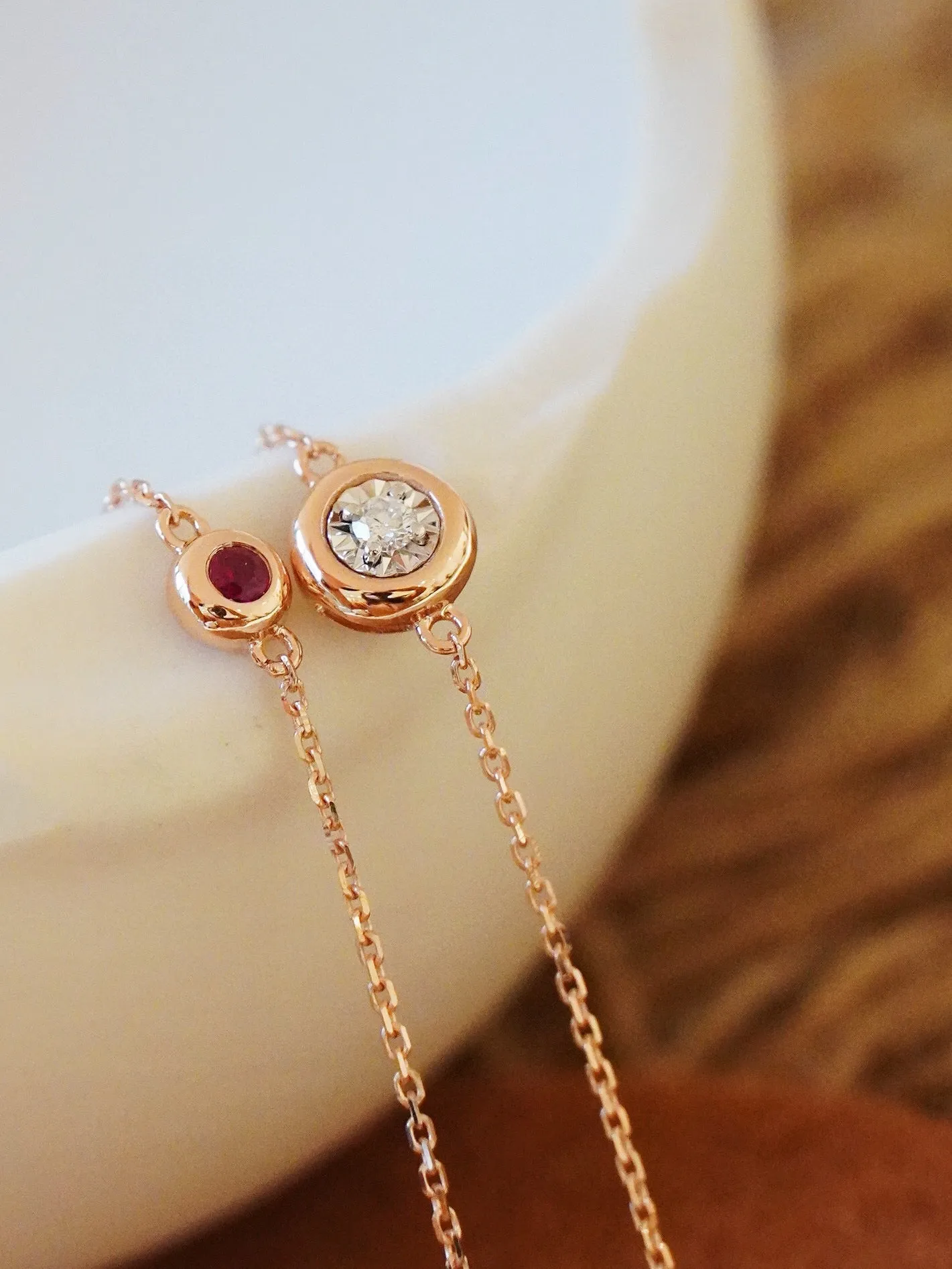Classic 18K Solid Gold Bezel Diamond Ruby Bracelet , Gift for her