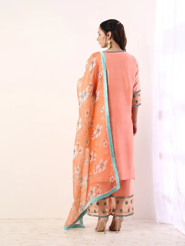 Coral Printed Kurta Sets With Organza Dupatta (Set of 3)