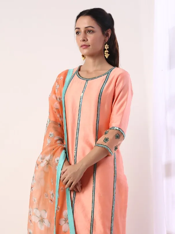 Coral Printed Kurta Sets With Organza Dupatta (Set of 3)