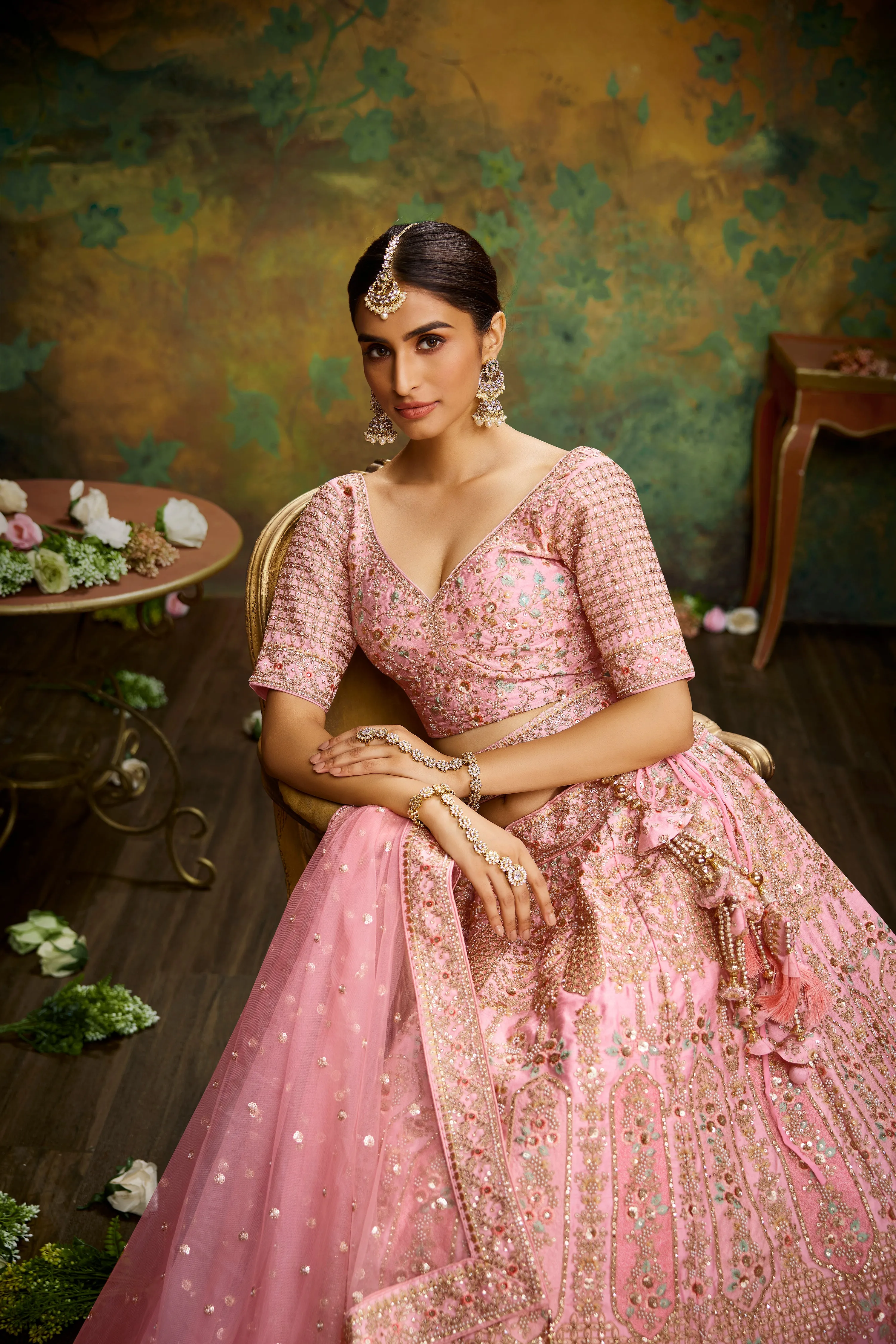 Coral Pure Silk Moti & Zarkan heavy embroidery Semi-Stitched Lehenga choli & Dupatta