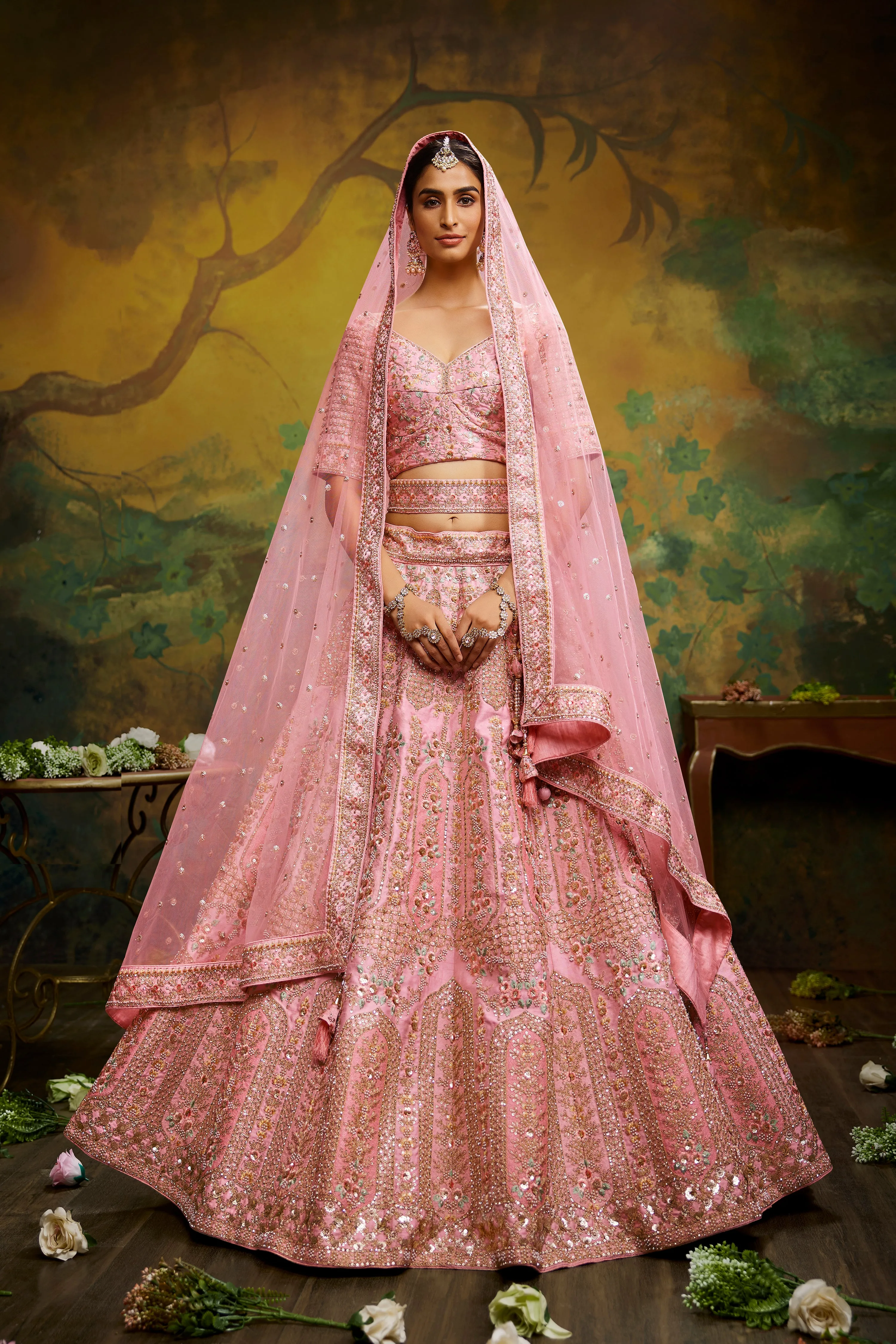 Coral Pure Silk Moti & Zarkan heavy embroidery Semi-Stitched Lehenga choli & Dupatta