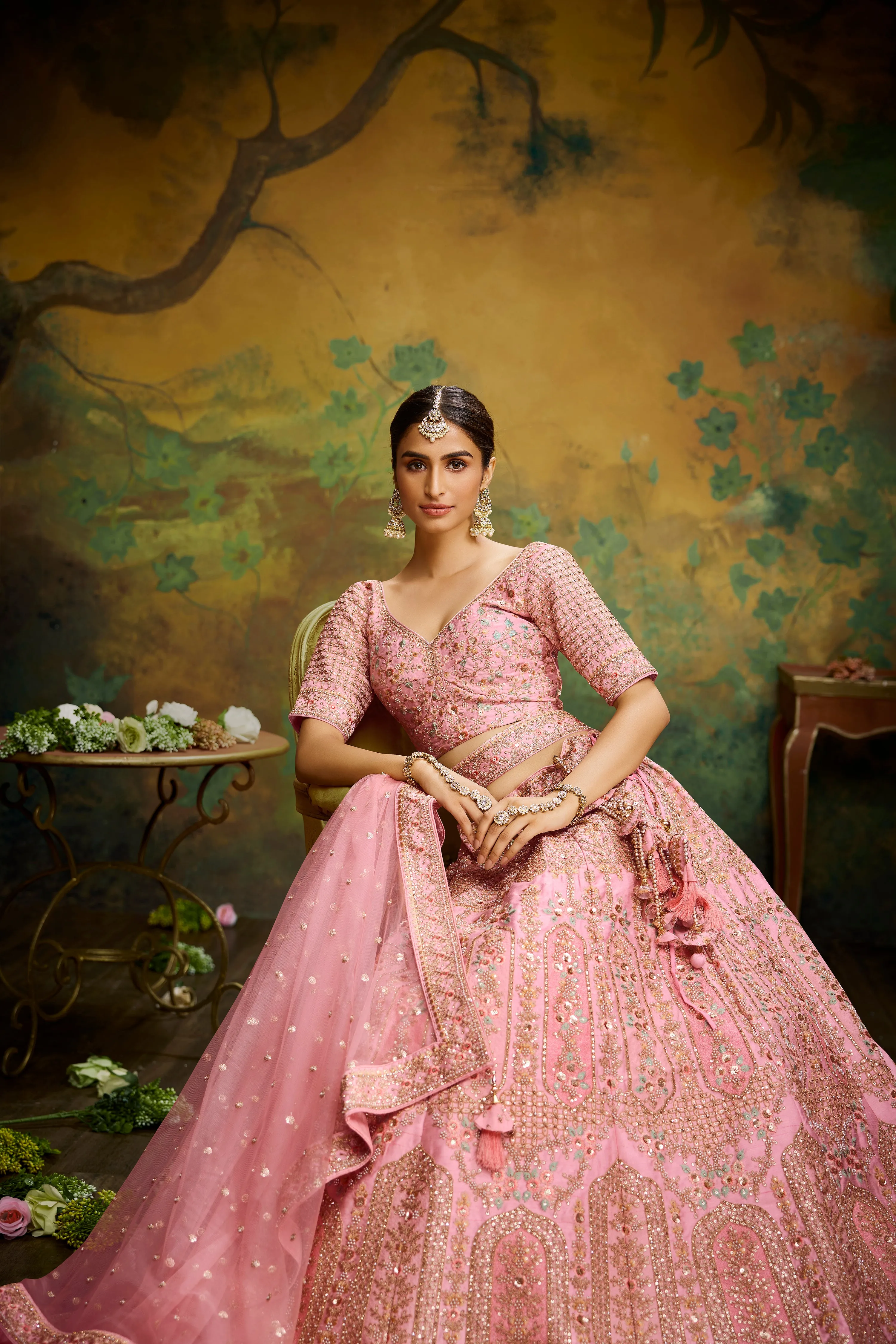 Coral Pure Silk Moti & Zarkan heavy embroidery Semi-Stitched Lehenga choli & Dupatta