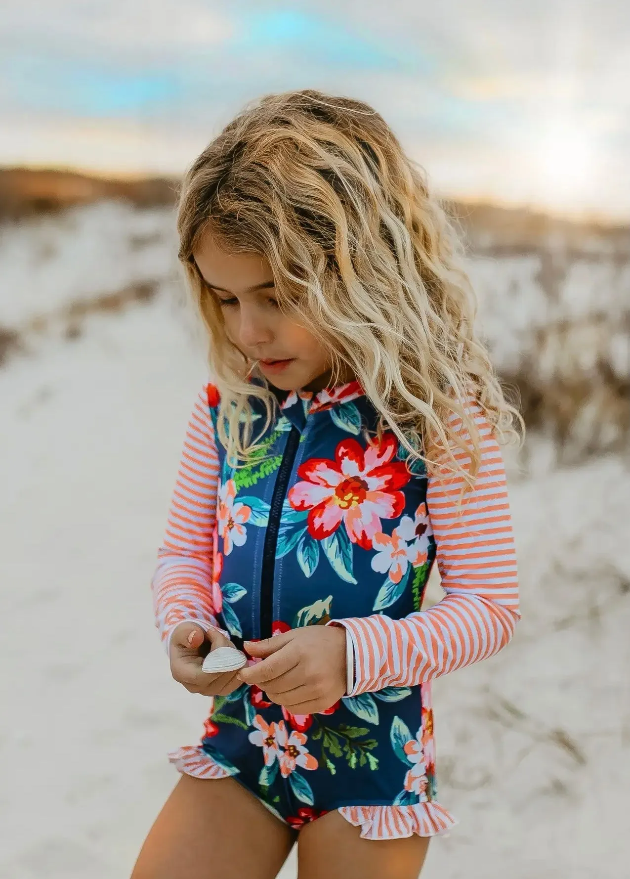 Coral Stripe Zip Rash Guard Swimsuit