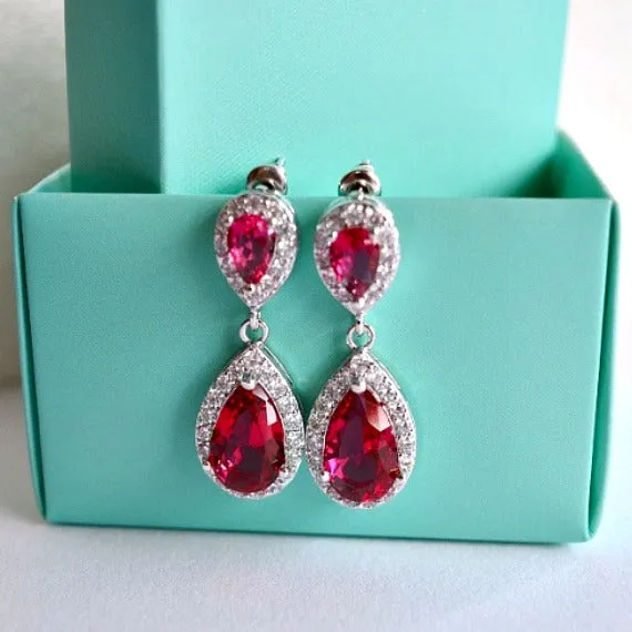 Cubic Zirconia Ruby Teardrop Chandelier Bridal Earrings, Red Ruby Wedding Earrings, Siam Earrings, Red CZ Crystal Drop Bridesmaid Earrings