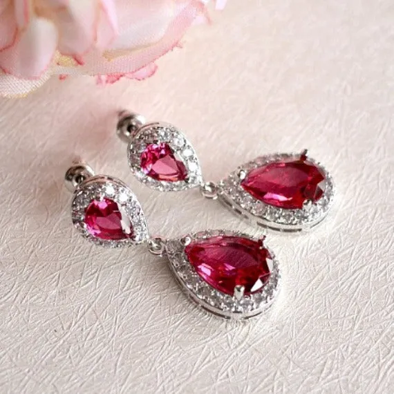 Cubic Zirconia Ruby Teardrop Chandelier Bridal Earrings, Red Ruby Wedding Earrings, Siam Earrings, Red CZ Crystal Drop Bridesmaid Earrings