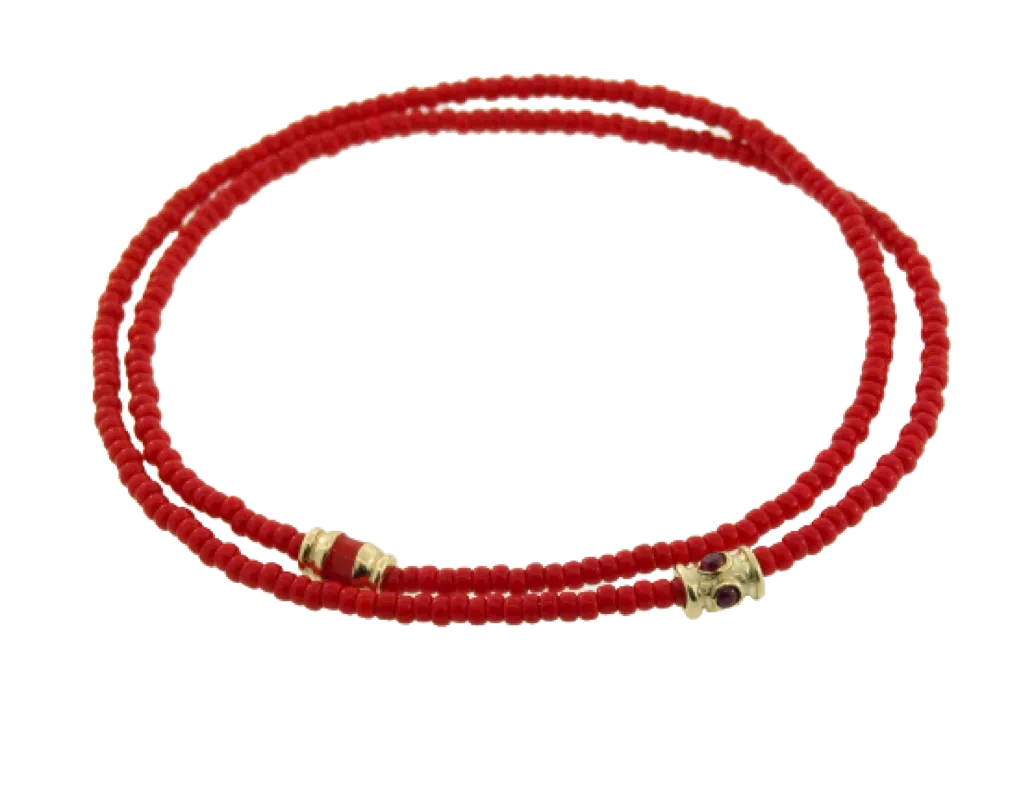 Double Wrap Beaded Bracelet with Ruby Barrel and Enameled Barrel