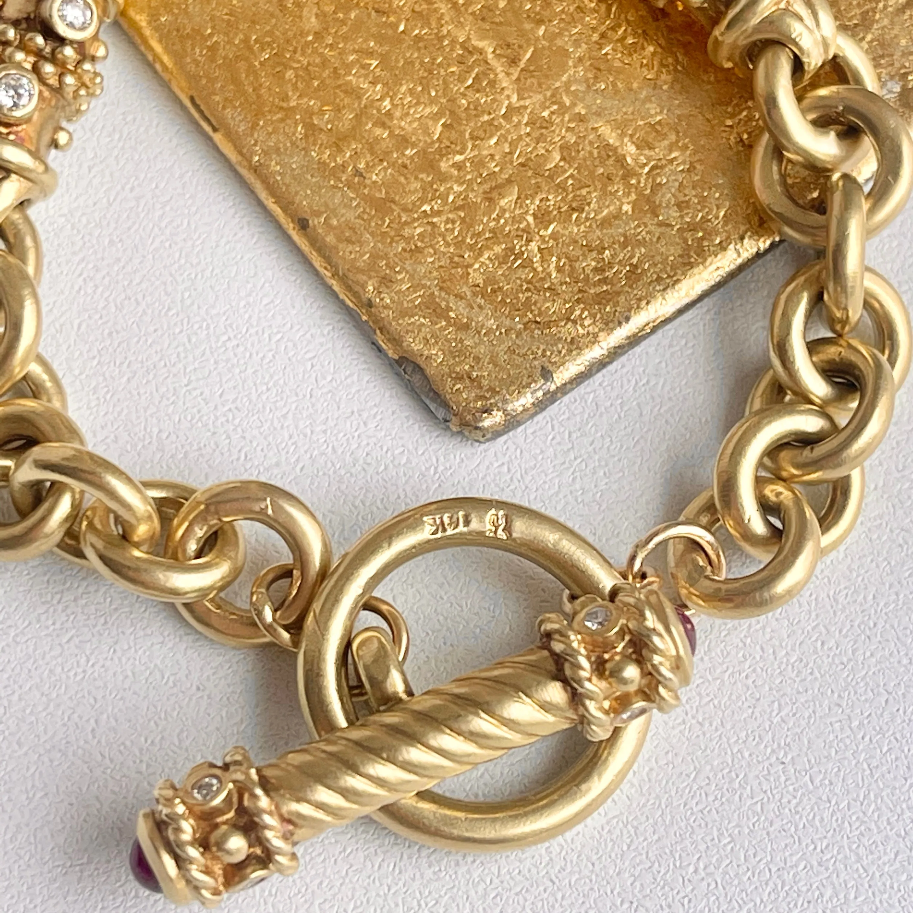 Estate 14KT Yellow Gold Byzantine Rolo Diamond   Ruby Toggle Bracelet