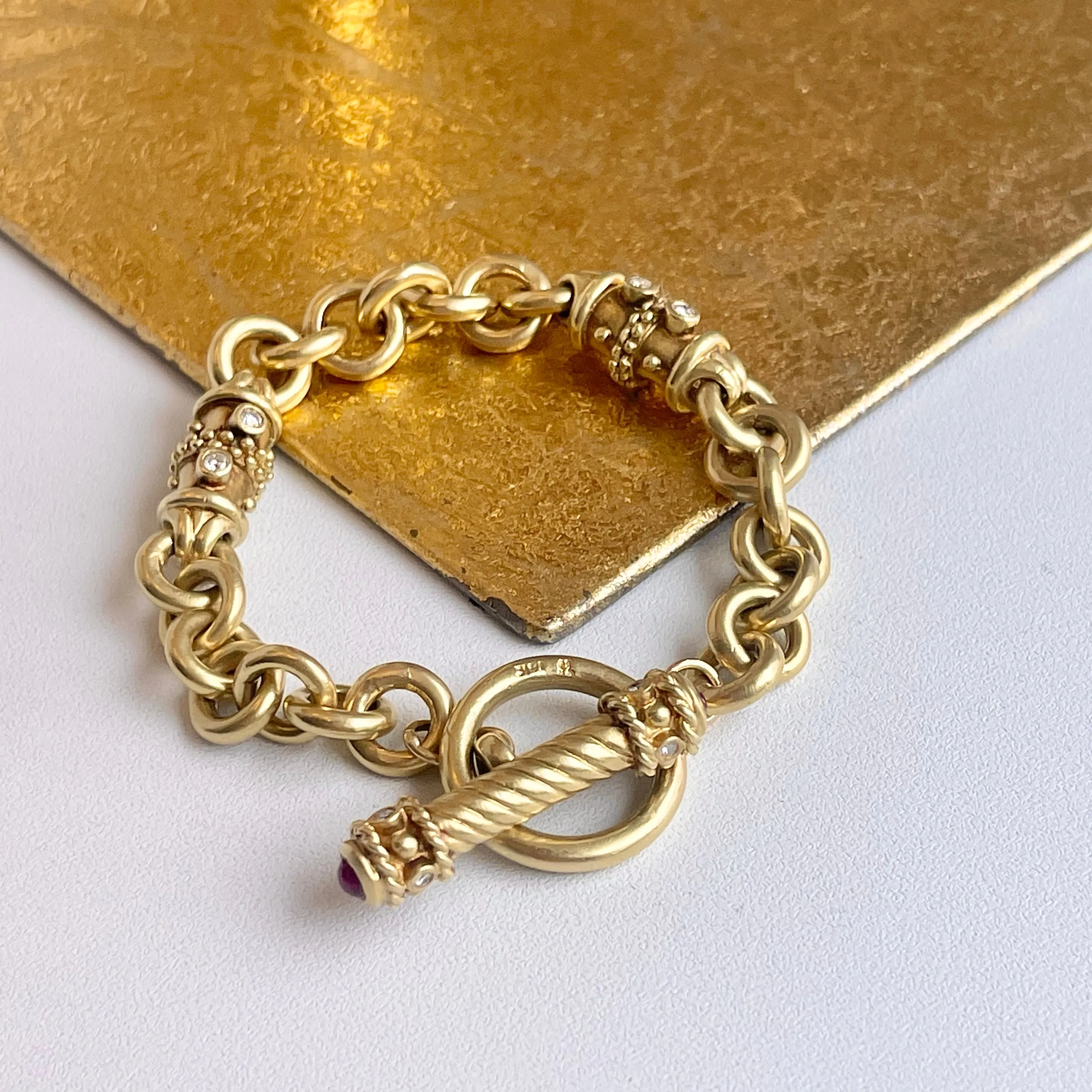Estate 14KT Yellow Gold Byzantine Rolo Diamond   Ruby Toggle Bracelet