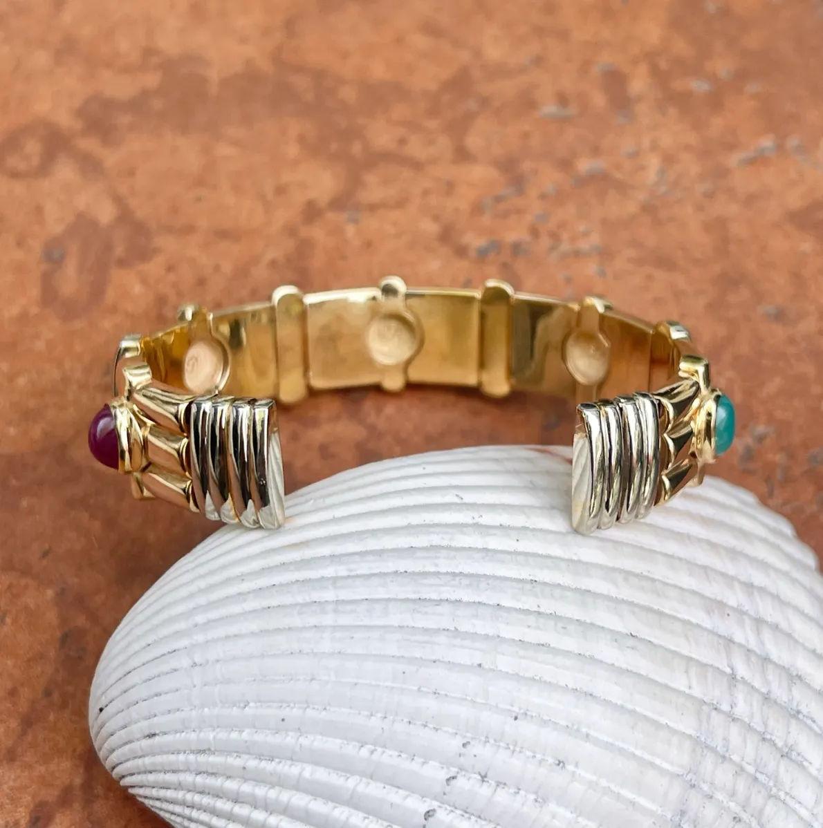 Estate 14KT Yellow Gold   White Gold Cabochon Gemstone Cuff Bracelet