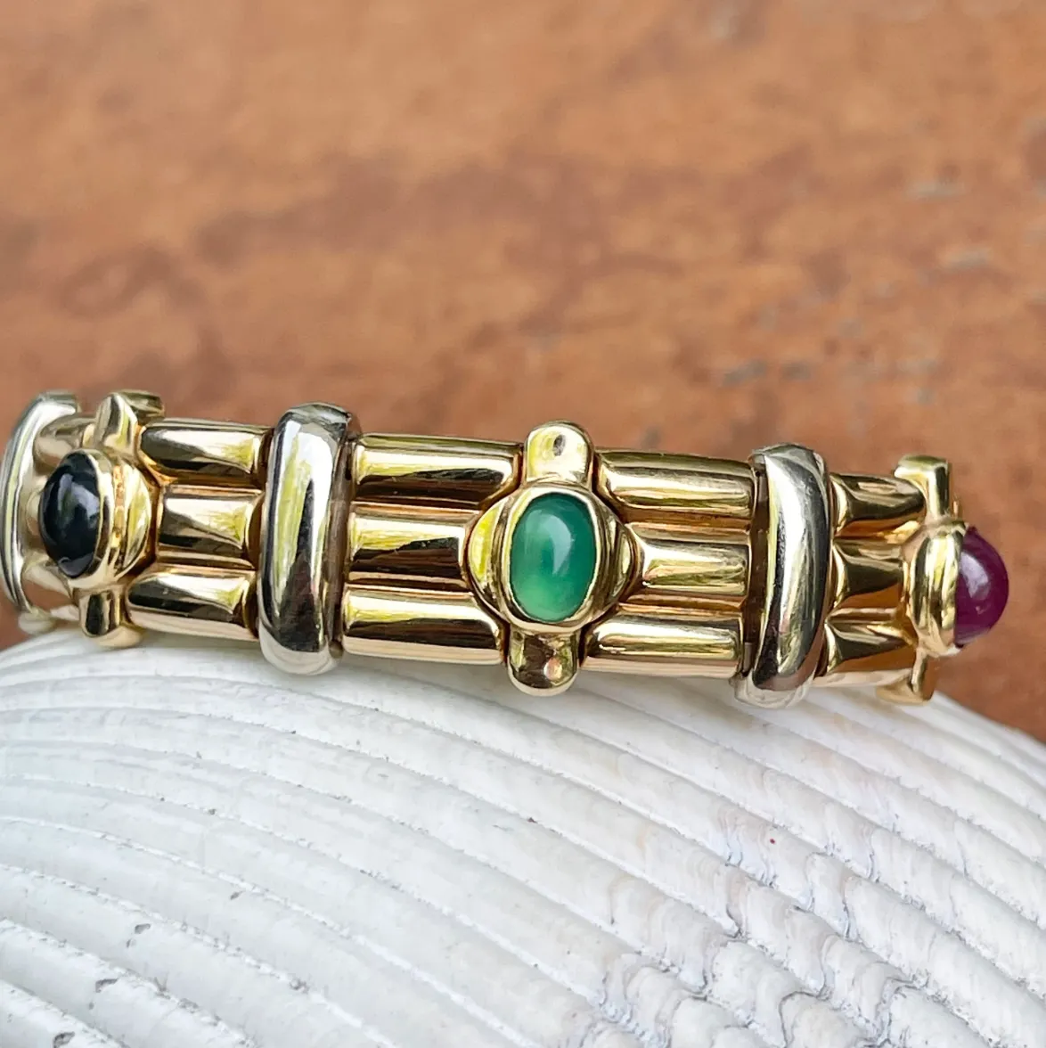 Estate 14KT Yellow Gold   White Gold Cabochon Gemstone Cuff Bracelet