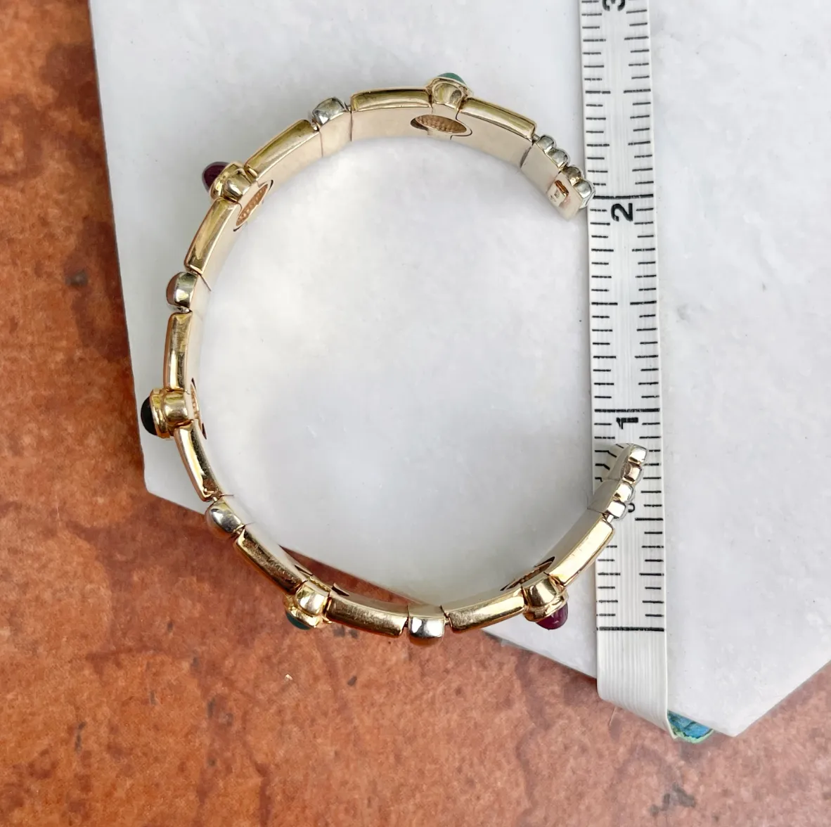 Estate 14KT Yellow Gold   White Gold Cabochon Gemstone Cuff Bracelet