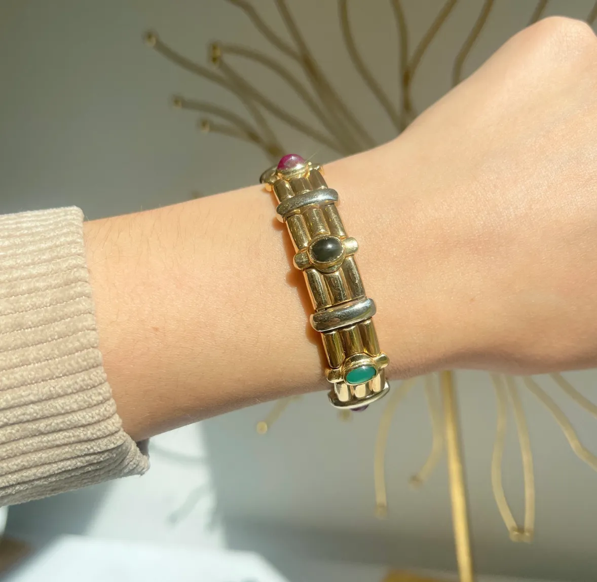 Estate 14KT Yellow Gold   White Gold Cabochon Gemstone Cuff Bracelet