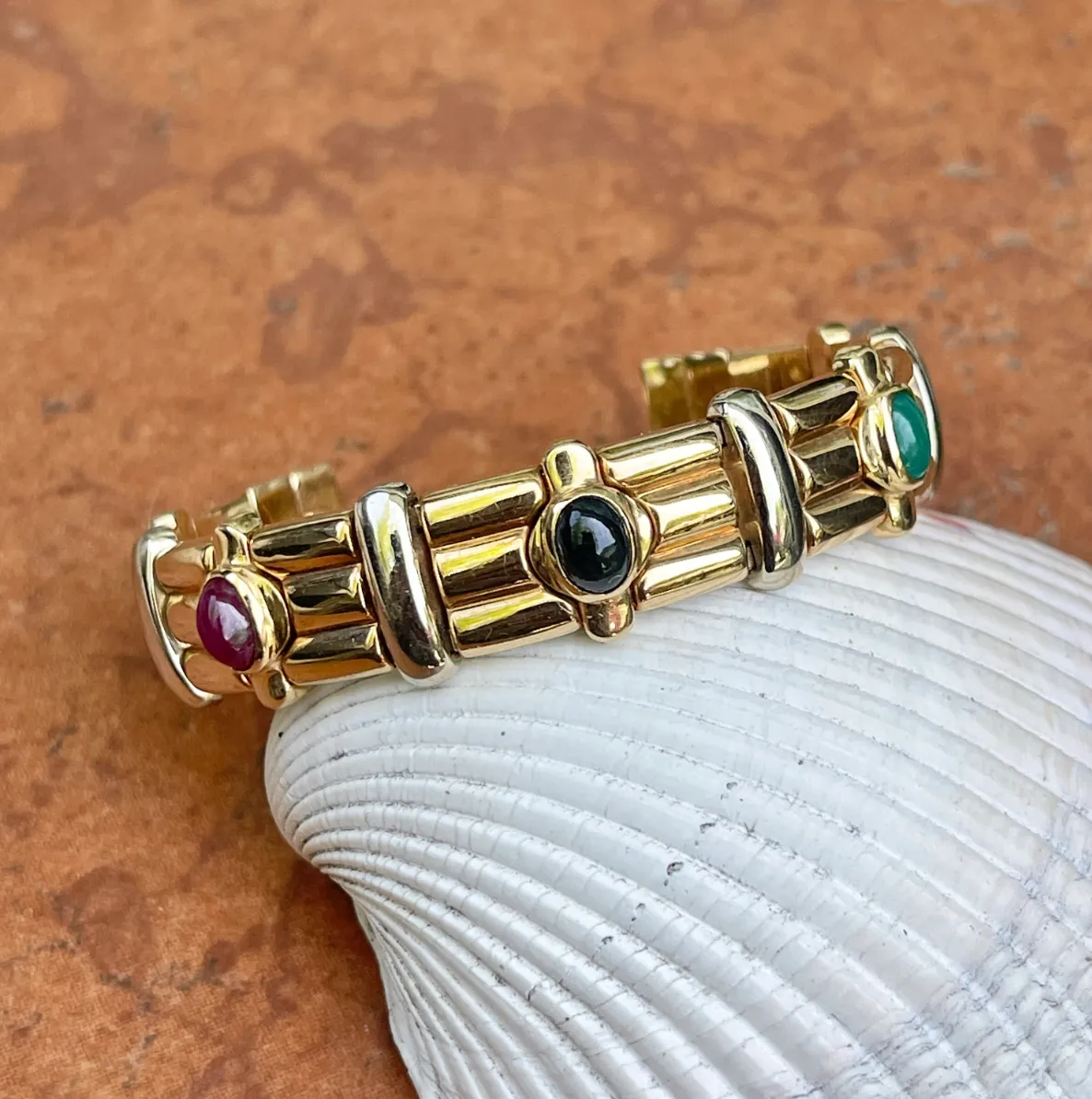 Estate 14KT Yellow Gold   White Gold Cabochon Gemstone Cuff Bracelet