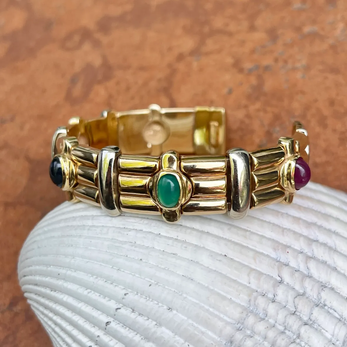 Estate 14KT Yellow Gold   White Gold Cabochon Gemstone Cuff Bracelet