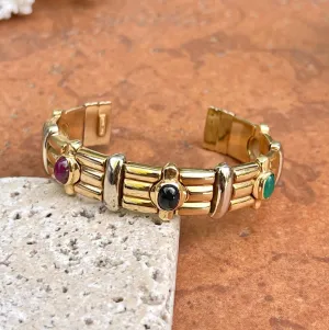 Estate 14KT Yellow Gold   White Gold Cabochon Gemstone Cuff Bracelet