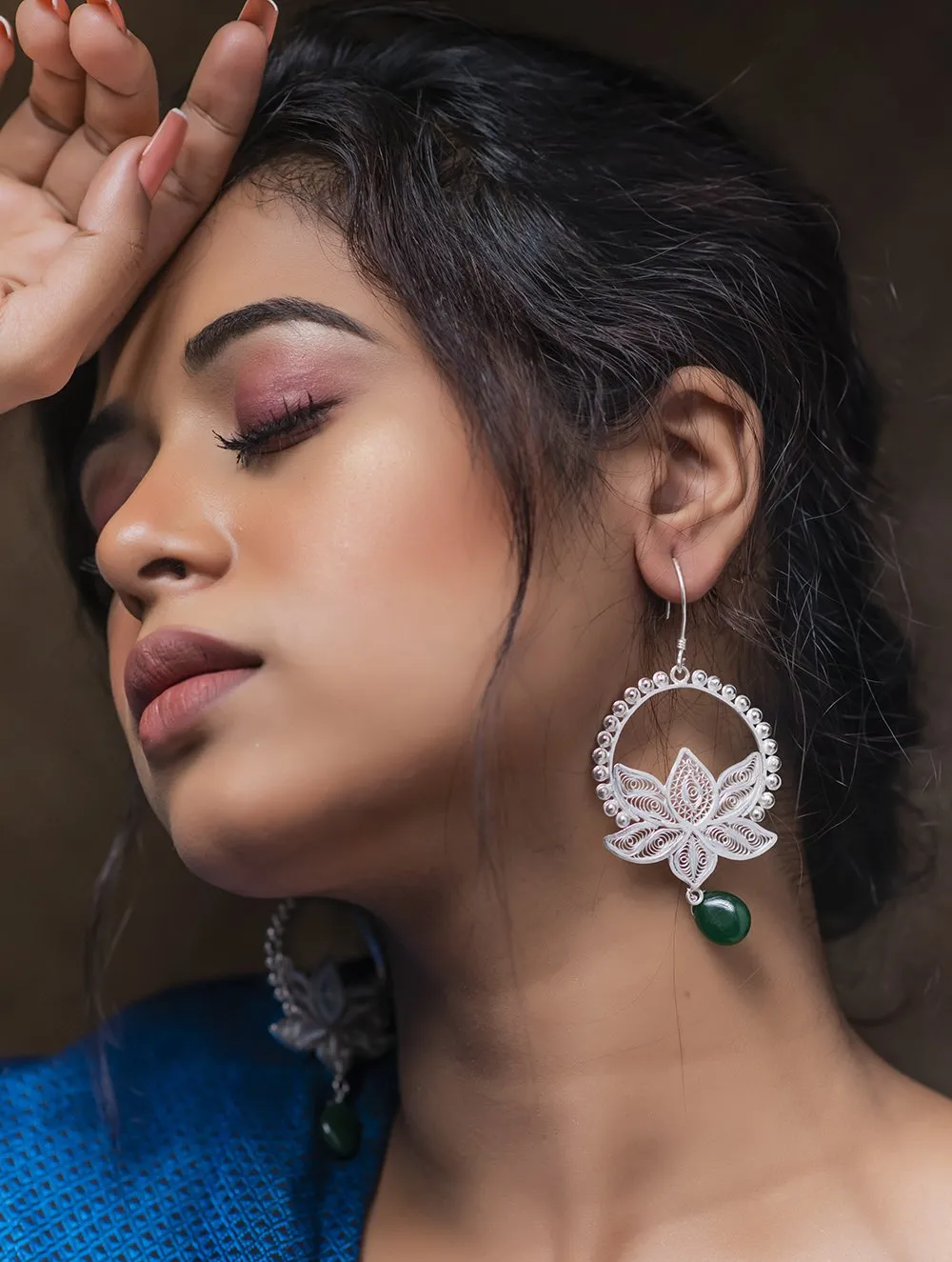Exclusive Sterling Silver Filigree Earrings - Large Lotus Danglers with Green Onyx Drops