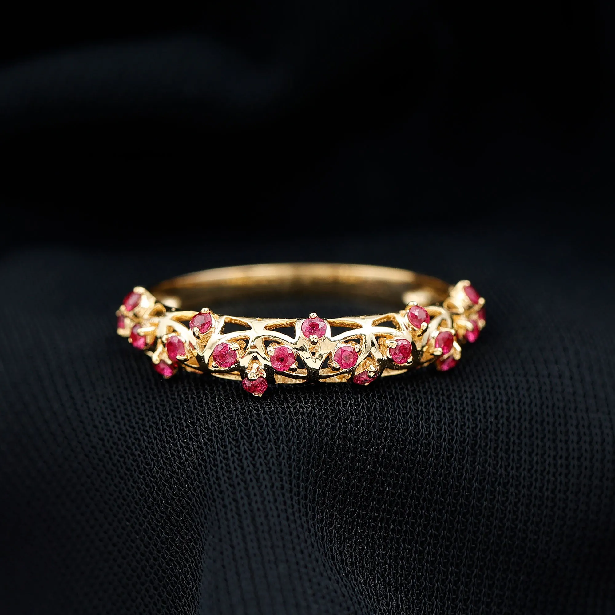 Filigree Detailed Ruby Gold Band Ring in Prong Setting