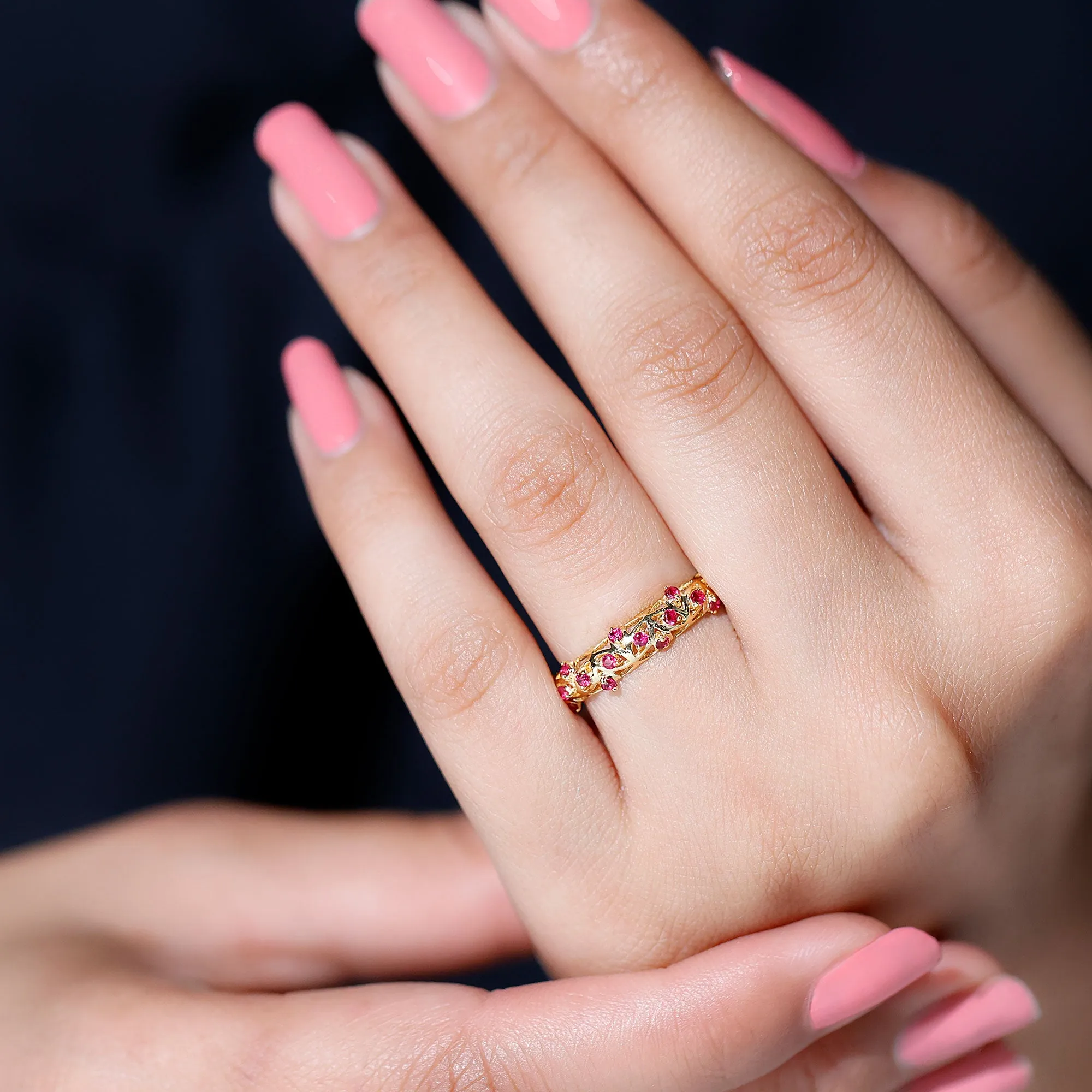 Filigree Detailed Ruby Gold Band Ring in Prong Setting