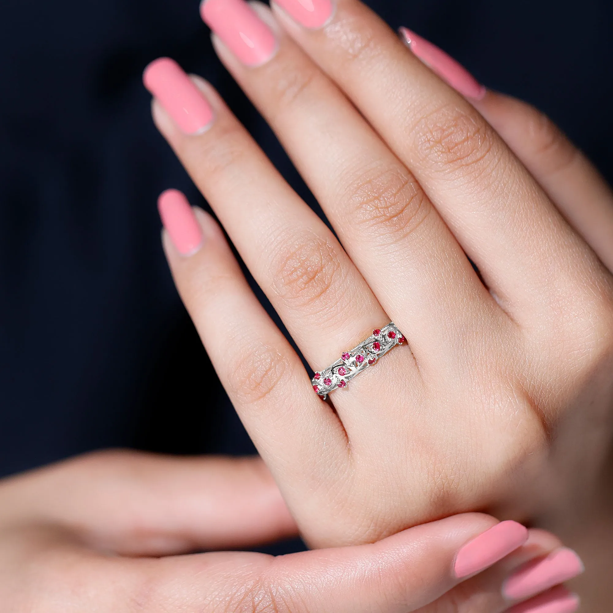 Filigree Detailed Ruby Gold Band Ring in Prong Setting