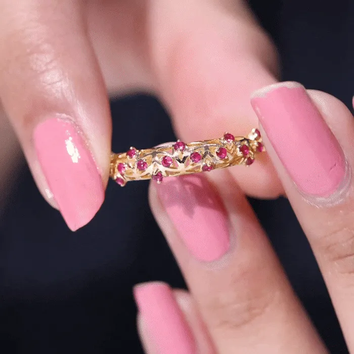 Filigree Detailed Ruby Gold Band Ring in Prong Setting