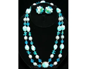 FINAL SALE Resort Chic 1960s Turquoise Speckled Necklace & Earrings - Spring Green and Blue - Double Strand - Secretary Chic - Hong Kong