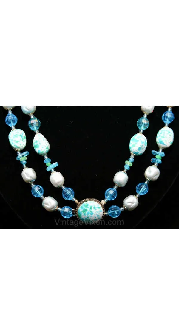 FINAL SALE Resort Chic 1960s Turquoise Speckled Necklace & Earrings - Spring Green and Blue - Double Strand - Secretary Chic - Hong Kong