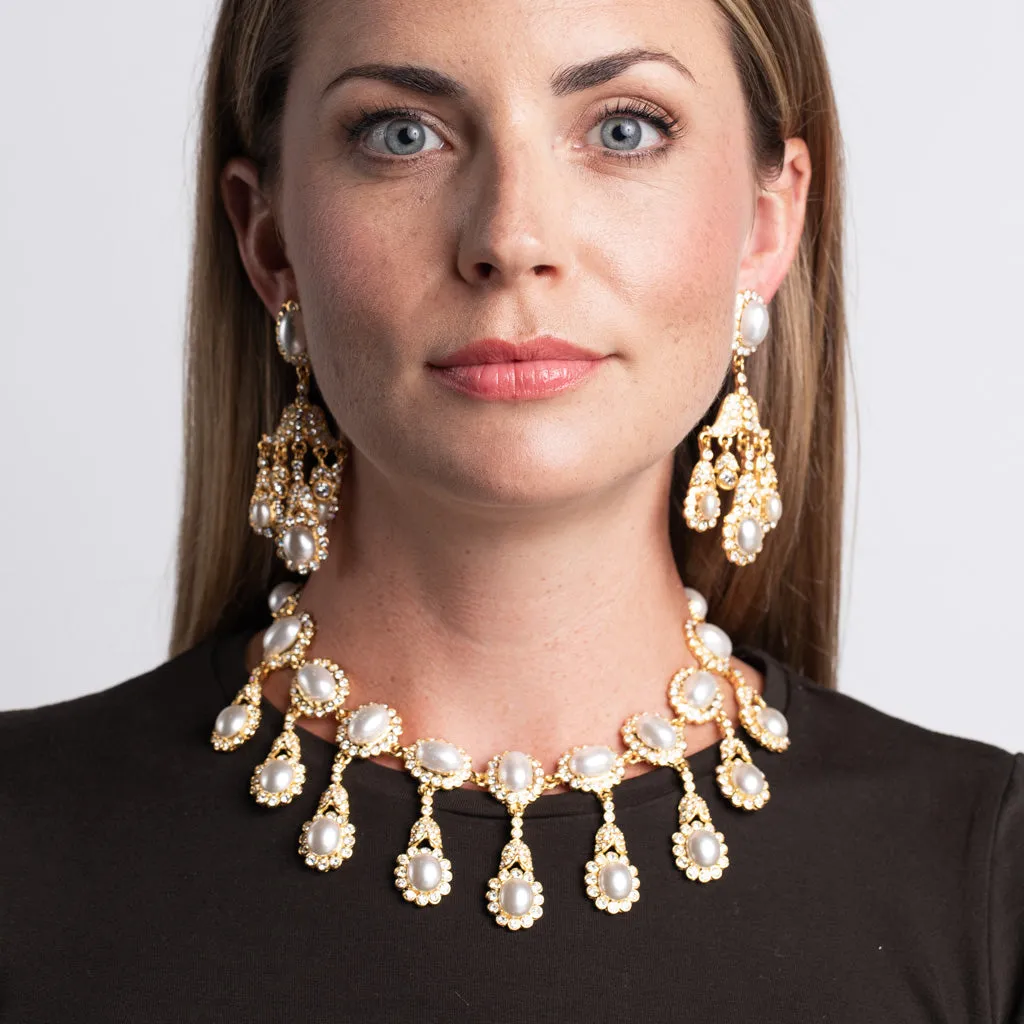 Gold Chandelier and White Pearl Clip Earrings