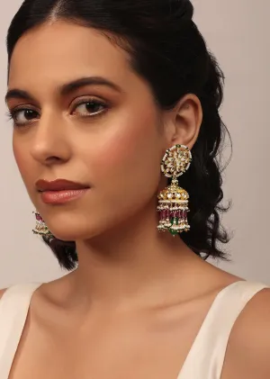 Gold Finish Kundan Earrings With Beads And Stones
