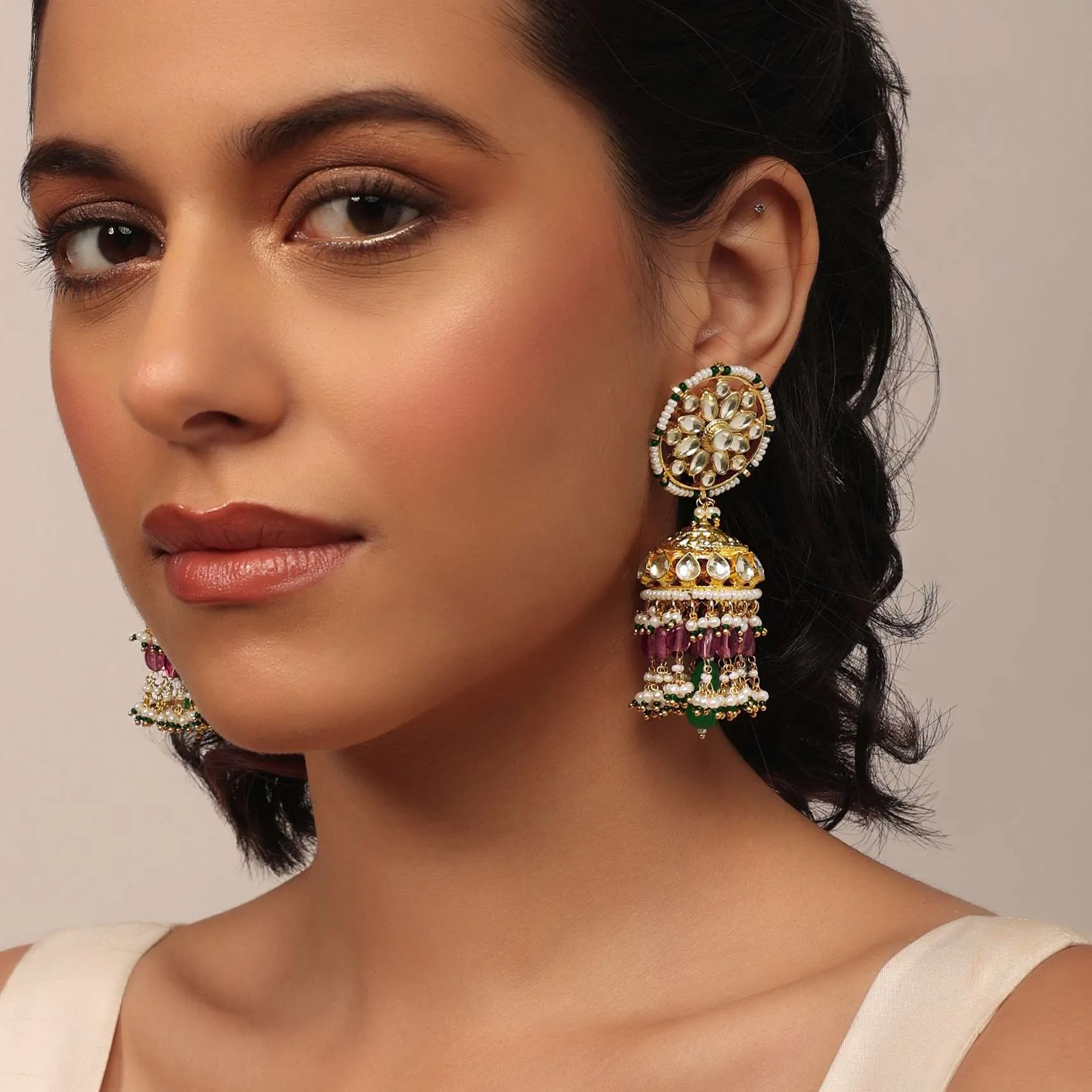 Gold Finish Kundan Earrings With Beads And Stones