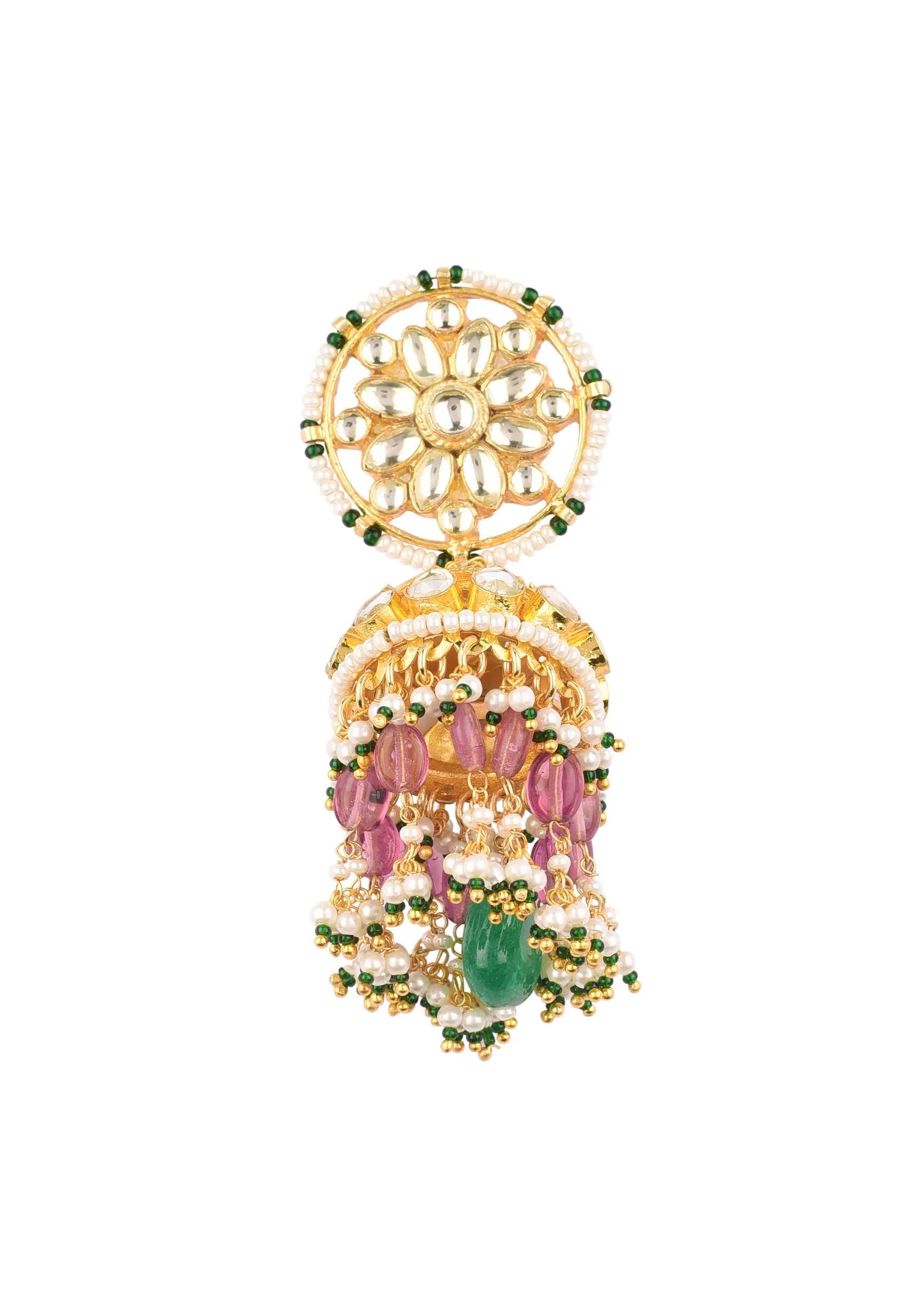 Gold Finish Kundan Earrings With Beads And Stones