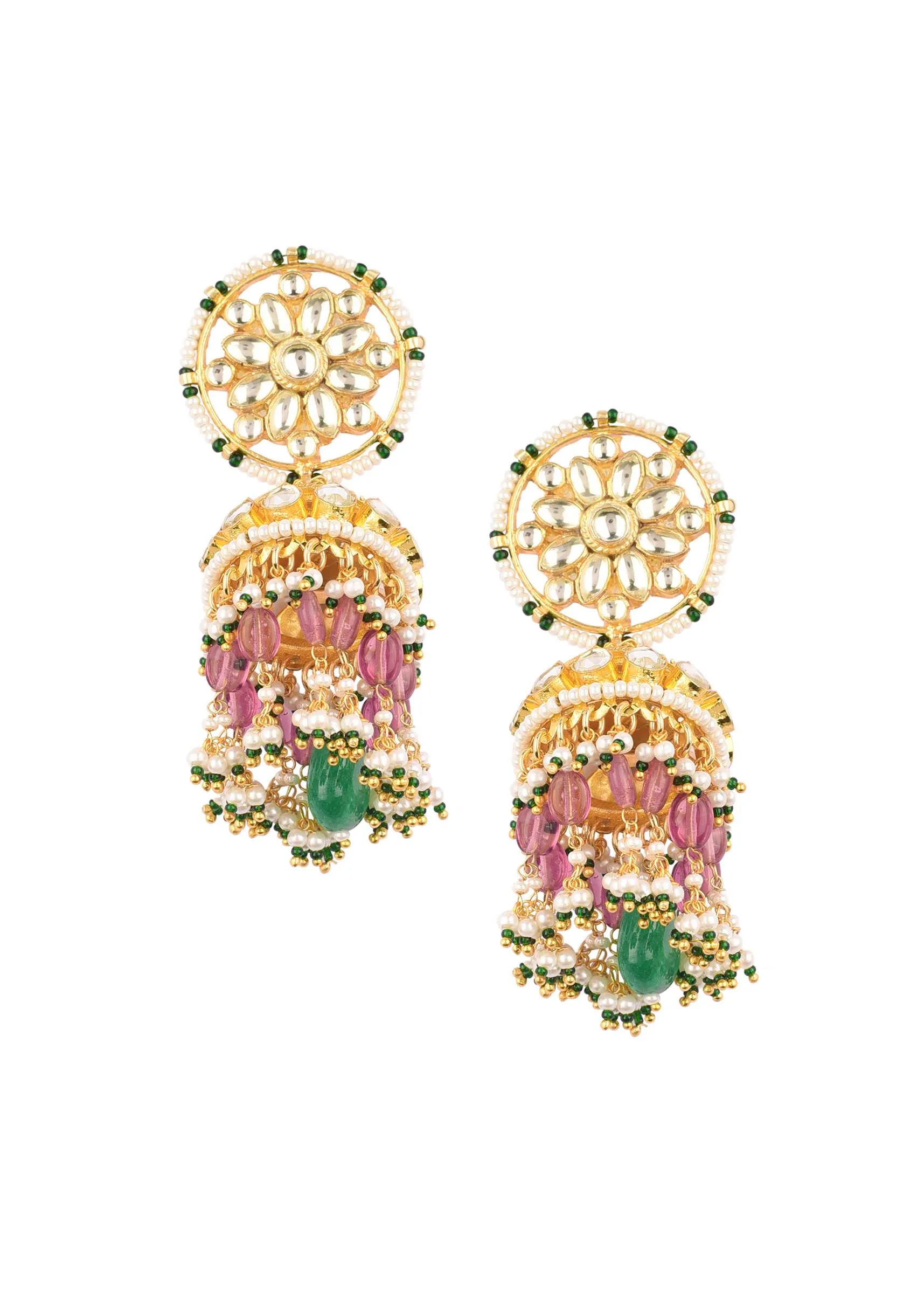 Gold Finish Kundan Earrings With Beads And Stones