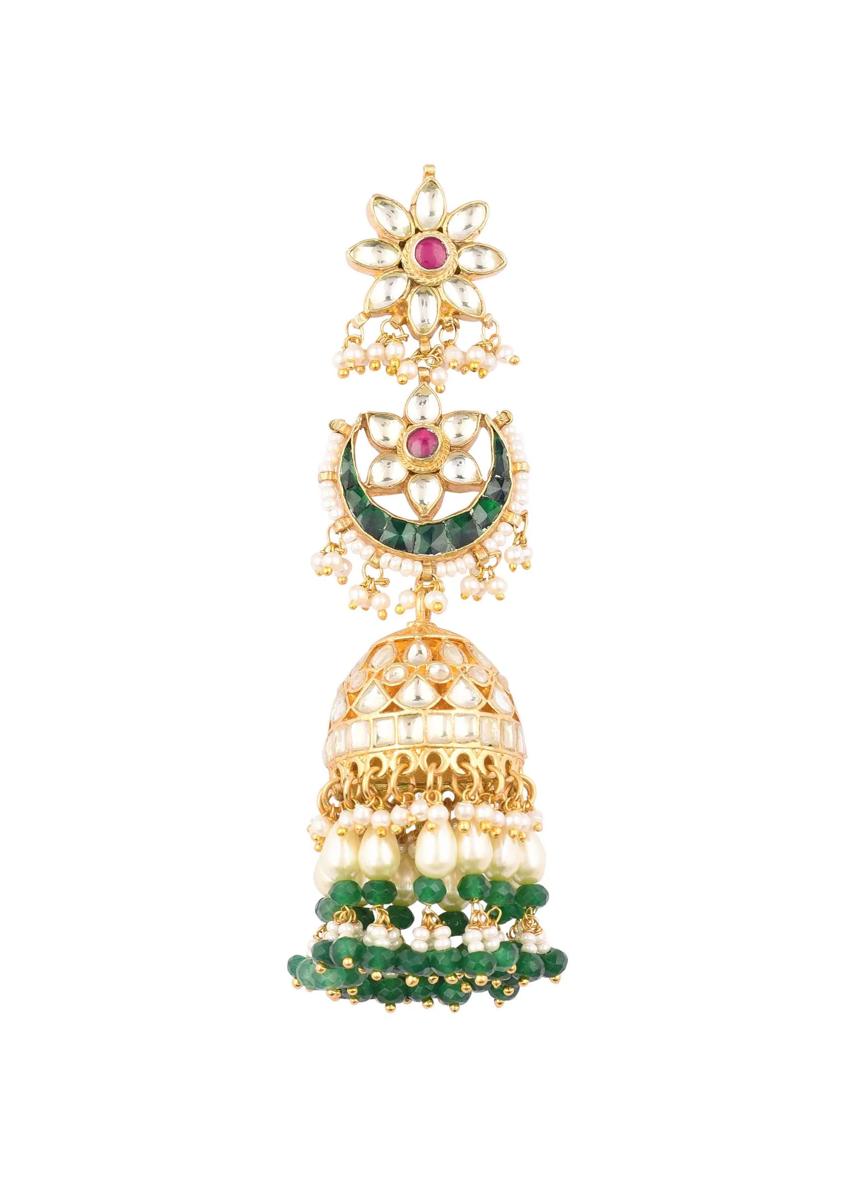 Gold Finish Kundan Polki Dangling Earrings With Beads And Green-Red Stones