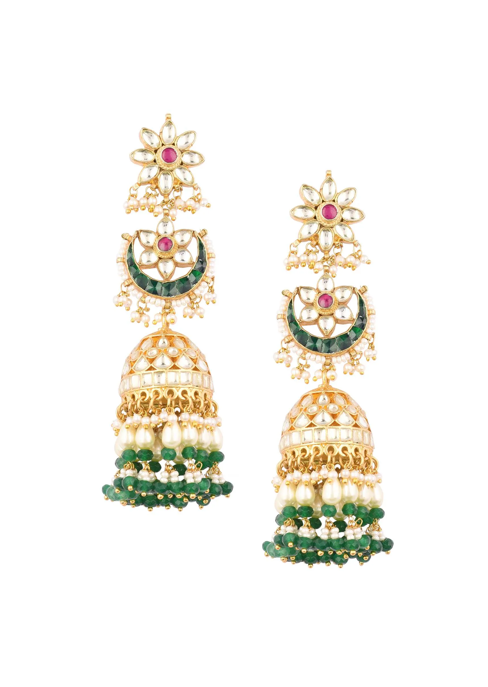 Gold Finish Kundan Polki Dangling Earrings With Beads And Green-Red Stones
