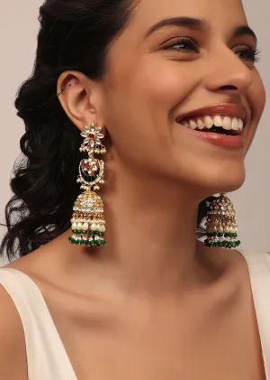 Gold Finish Kundan Polki Dangling Earrings With Beads And Green-Red Stones