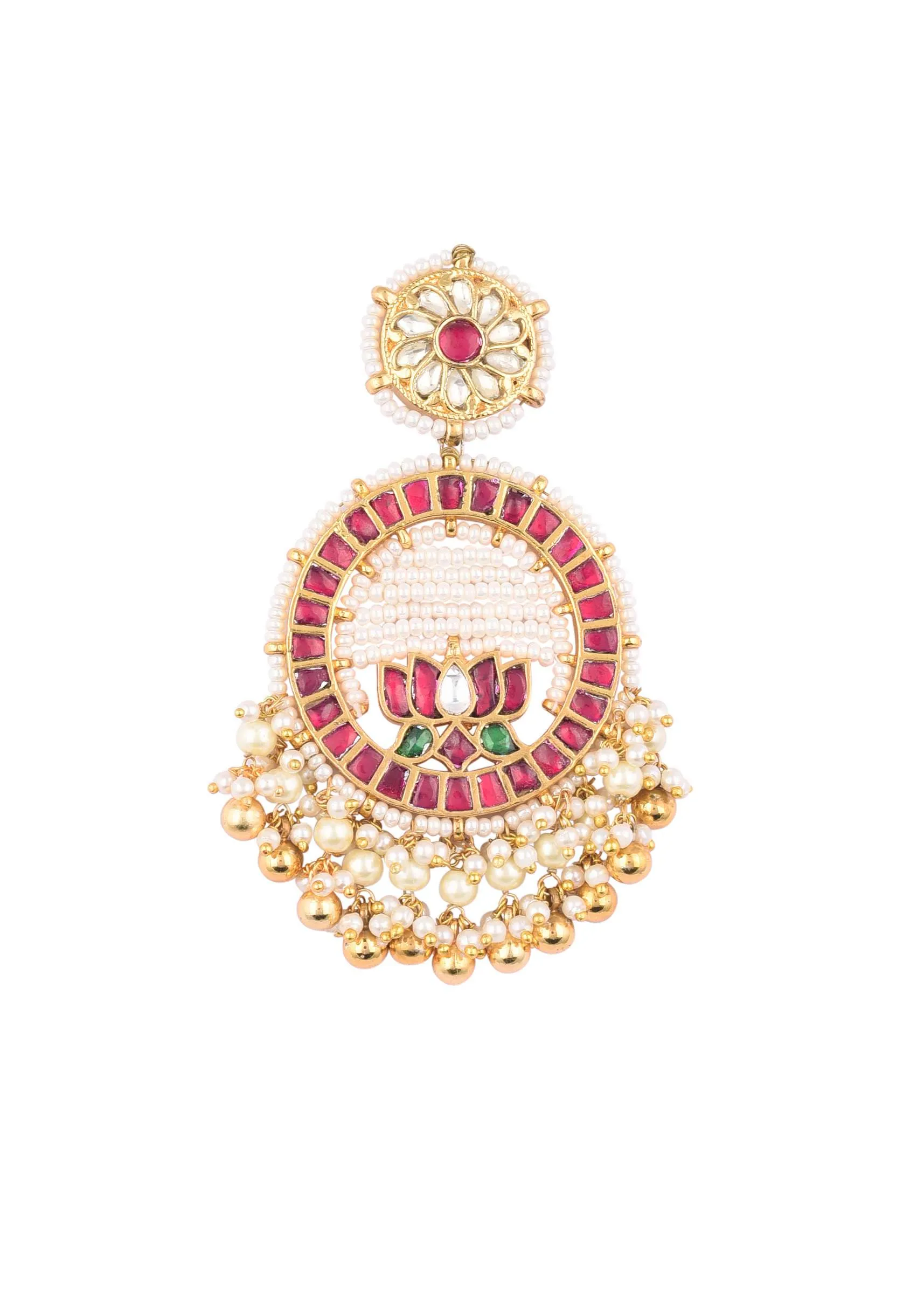 Gold Finish Kundan Polki Earrings With Beads And Synthetic Stones