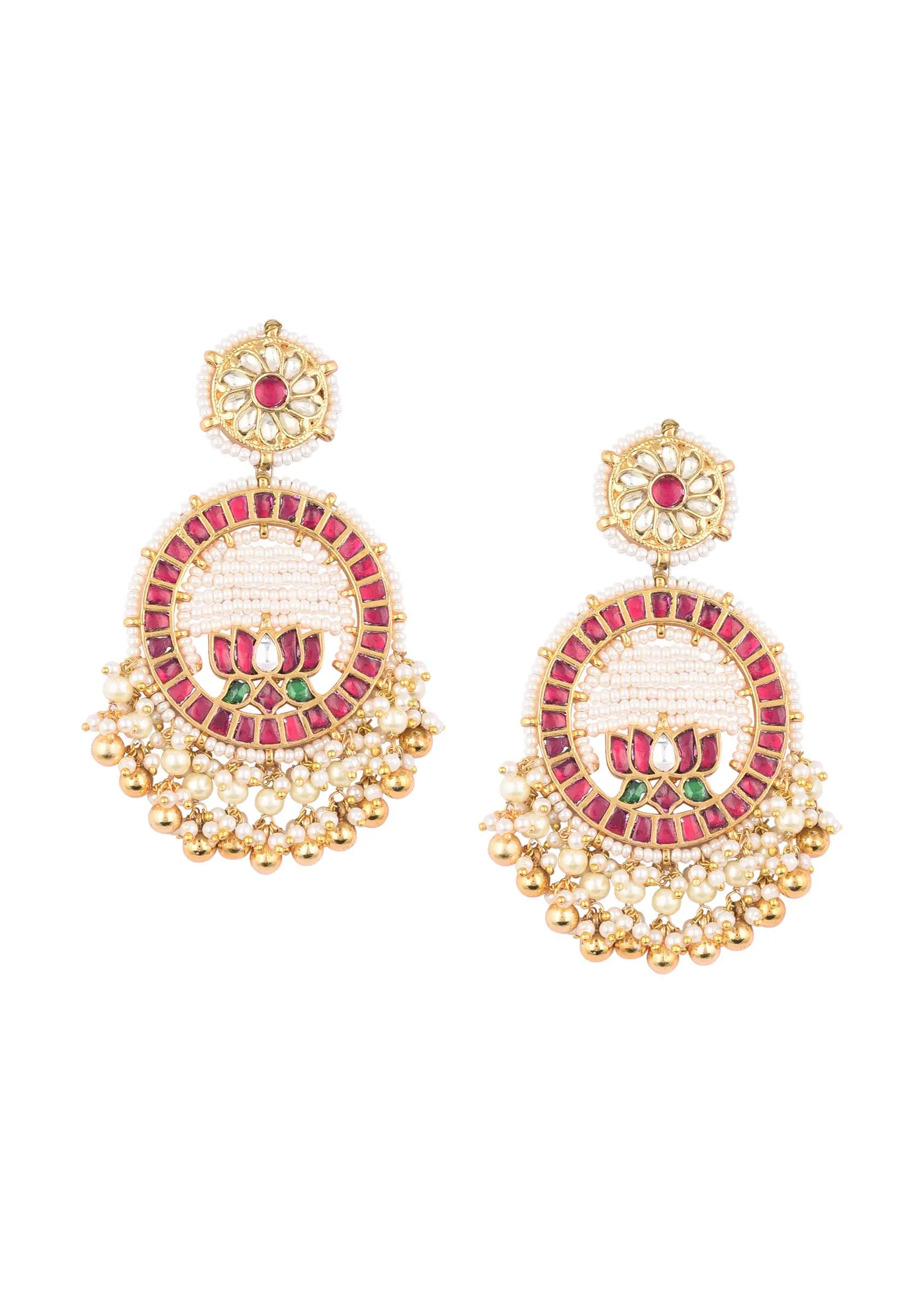 Gold Finish Kundan Polki Earrings With Beads And Synthetic Stones
